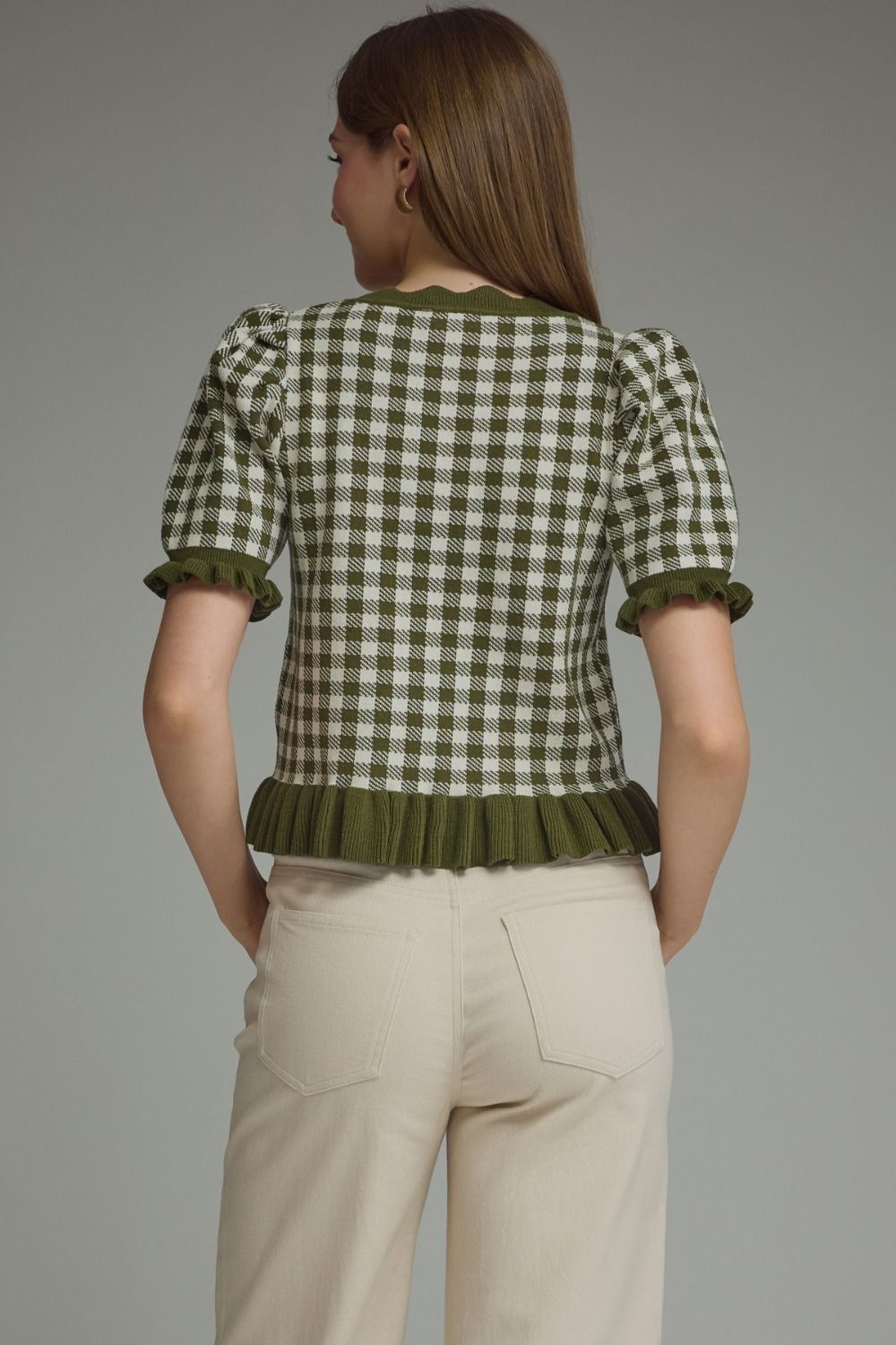 Gingham Ruffle Trim Puff Sleeve Top | Olive