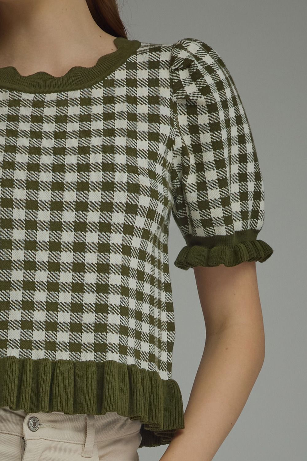 Gingham Ruffle Trim Puff Sleeve Top | Olive
