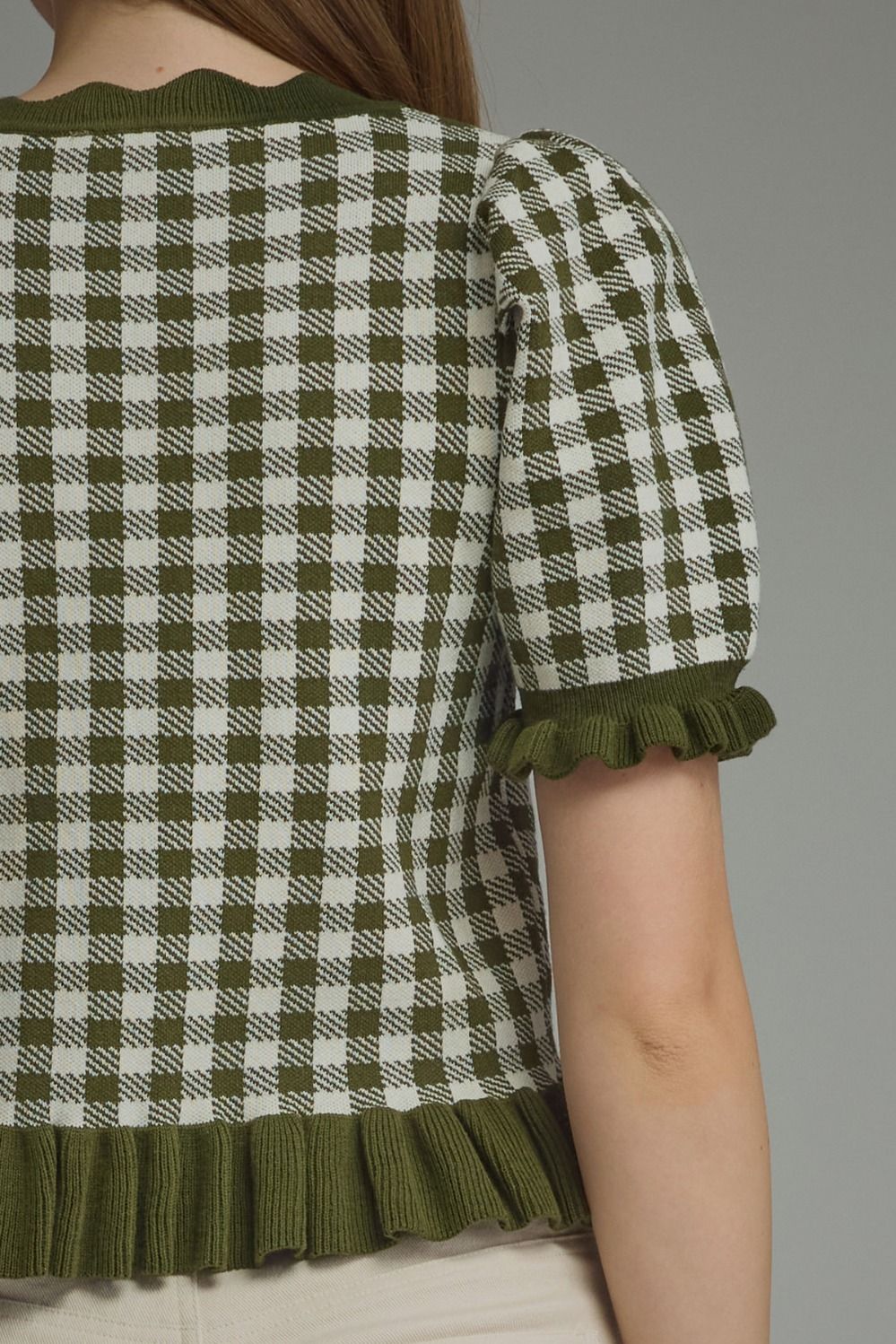 Gingham Ruffle Trim Puff Sleeve Top | Olive