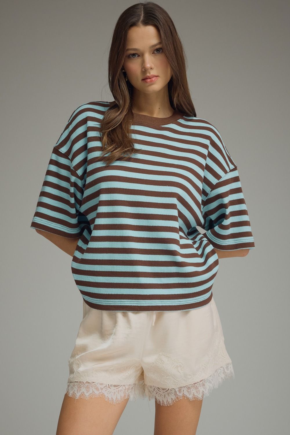 Striped Ribbed Relaxed Top | Blue/Brown
