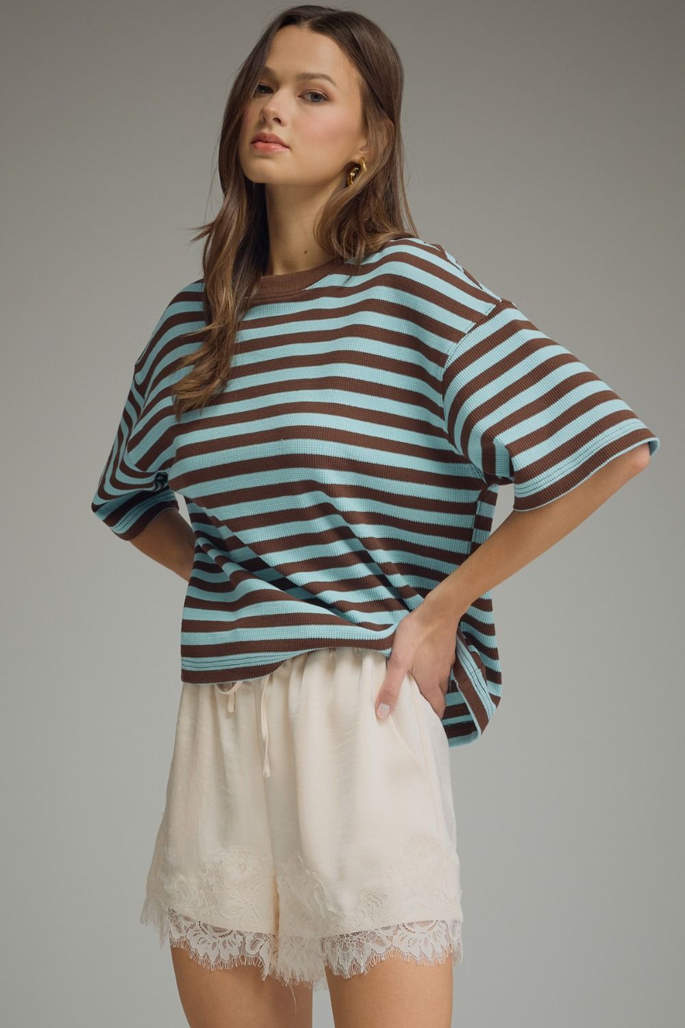 Striped Ribbed Relaxed Top | Blue/Brown