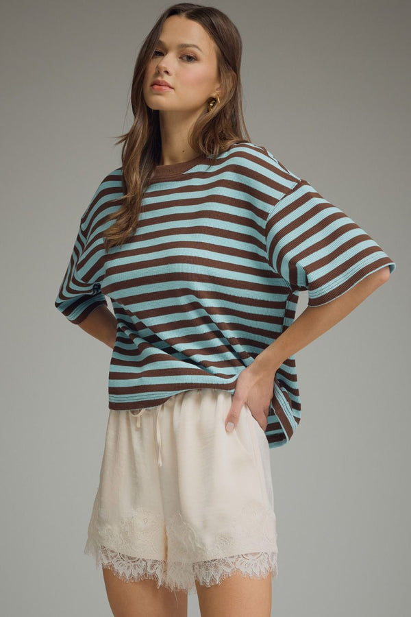 Striped Ribbed Relaxed Top | Blue/Brown