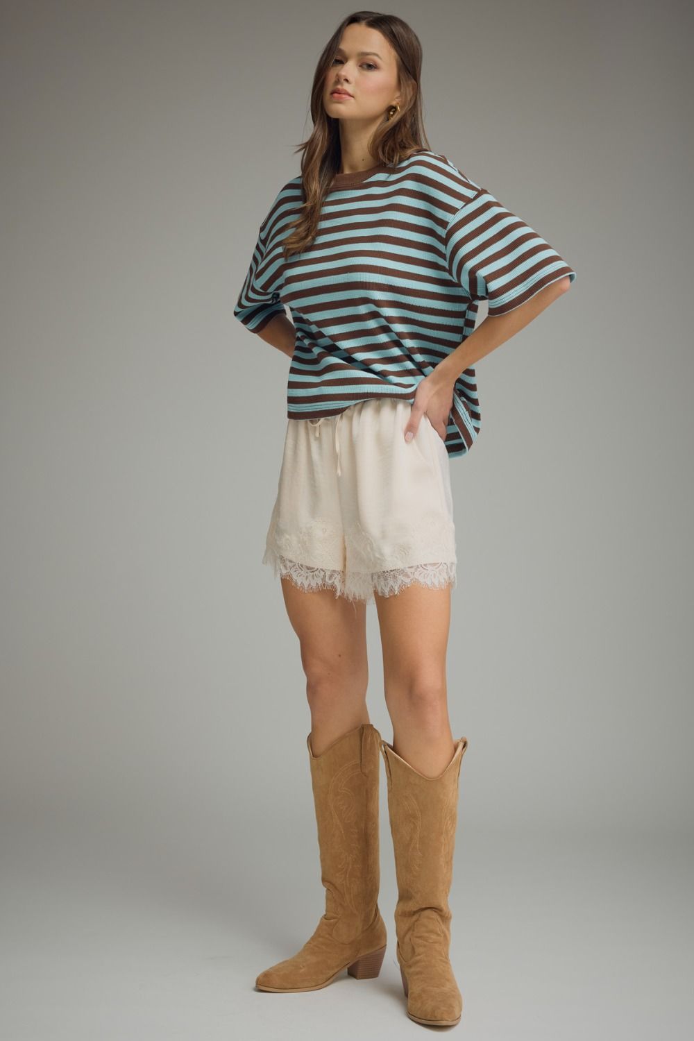 Striped Ribbed Relaxed Top | Blue/Brown