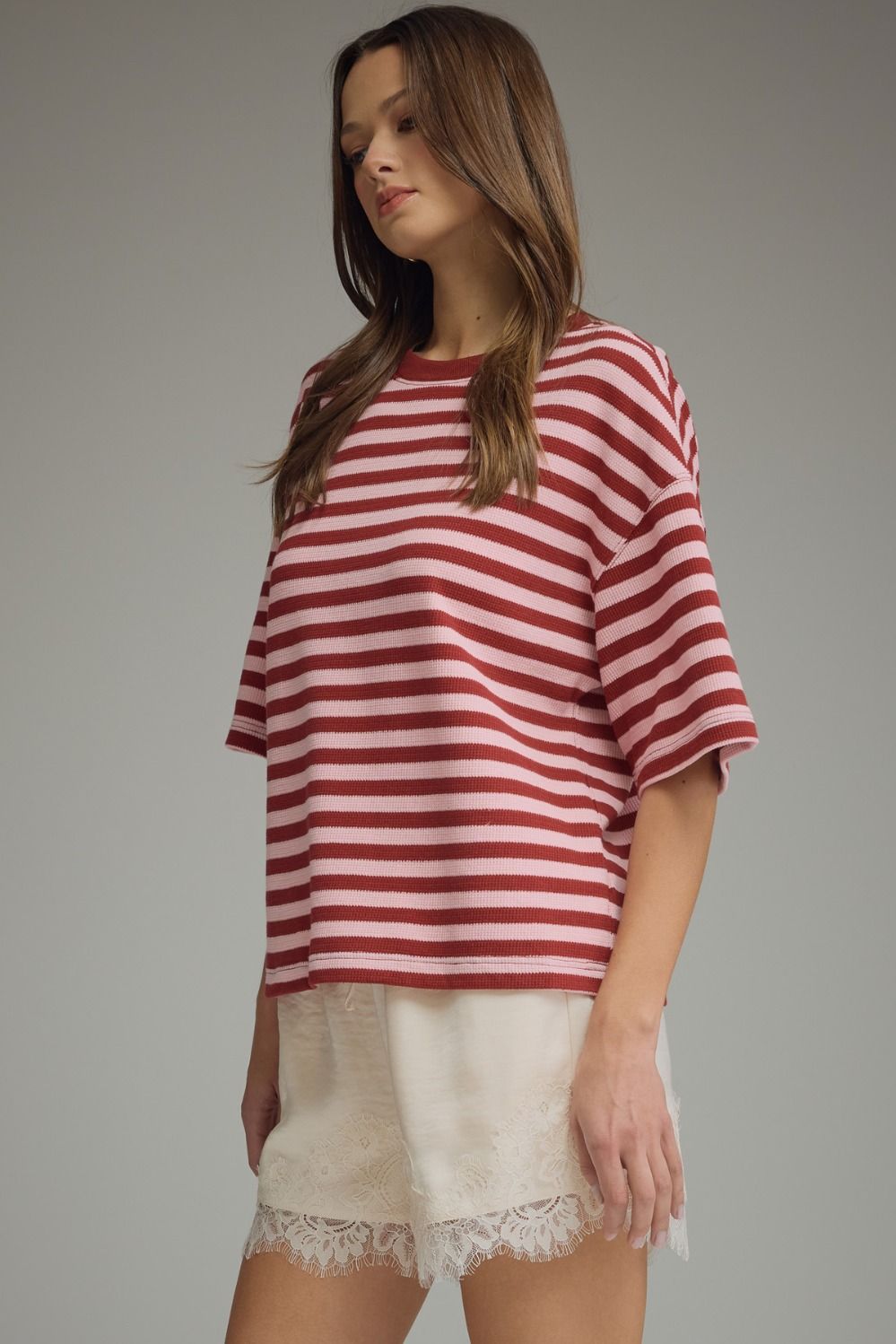 Striped Ribbed Relaxed Top | Burgundy/Pink