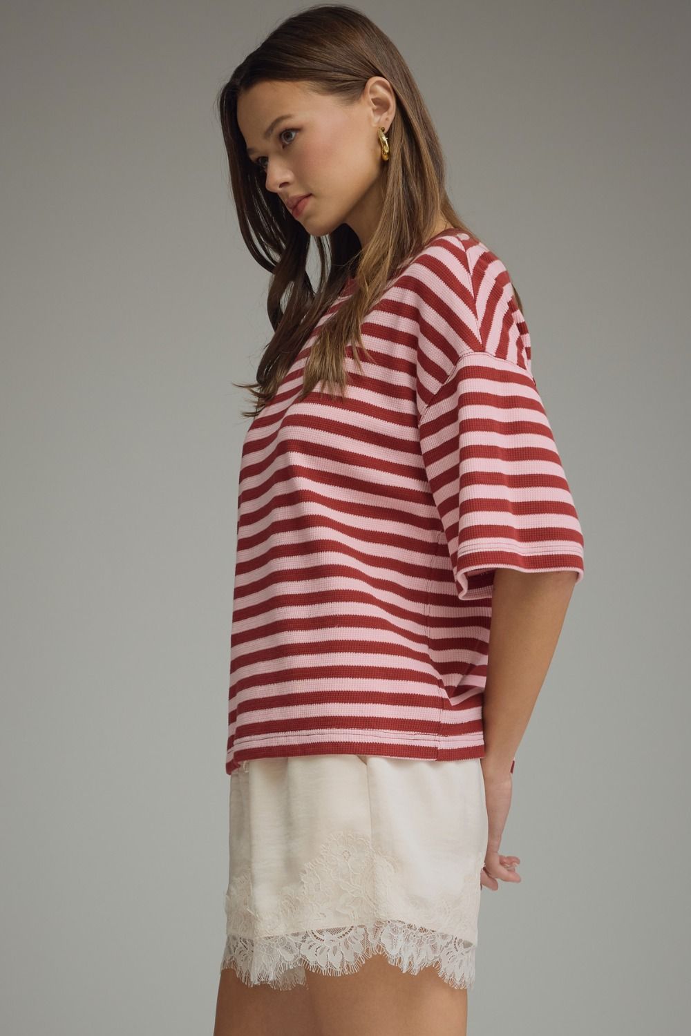Striped Ribbed Relaxed Top | Burgundy/Pink