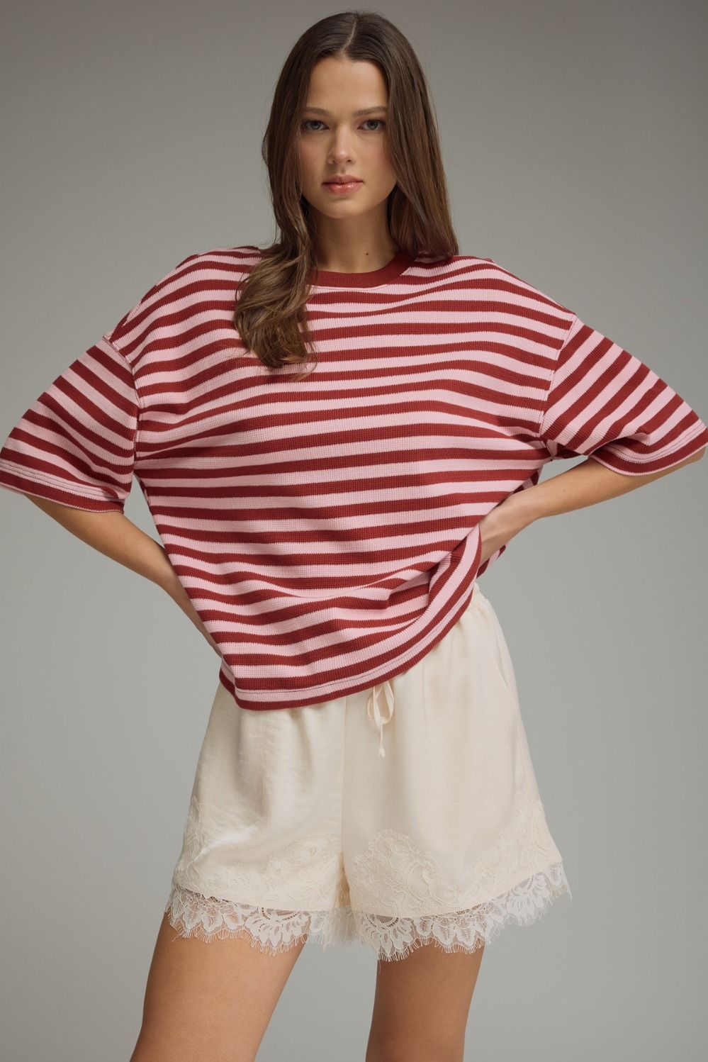 Striped Ribbed Relaxed Top | Burgundy/Pink