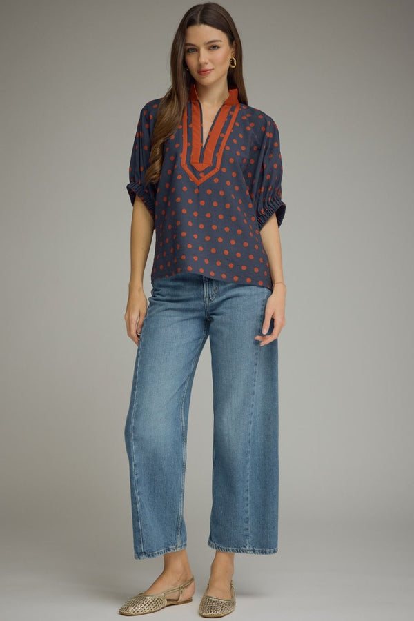 Polka Dot V-Neck Placket Top | Navy