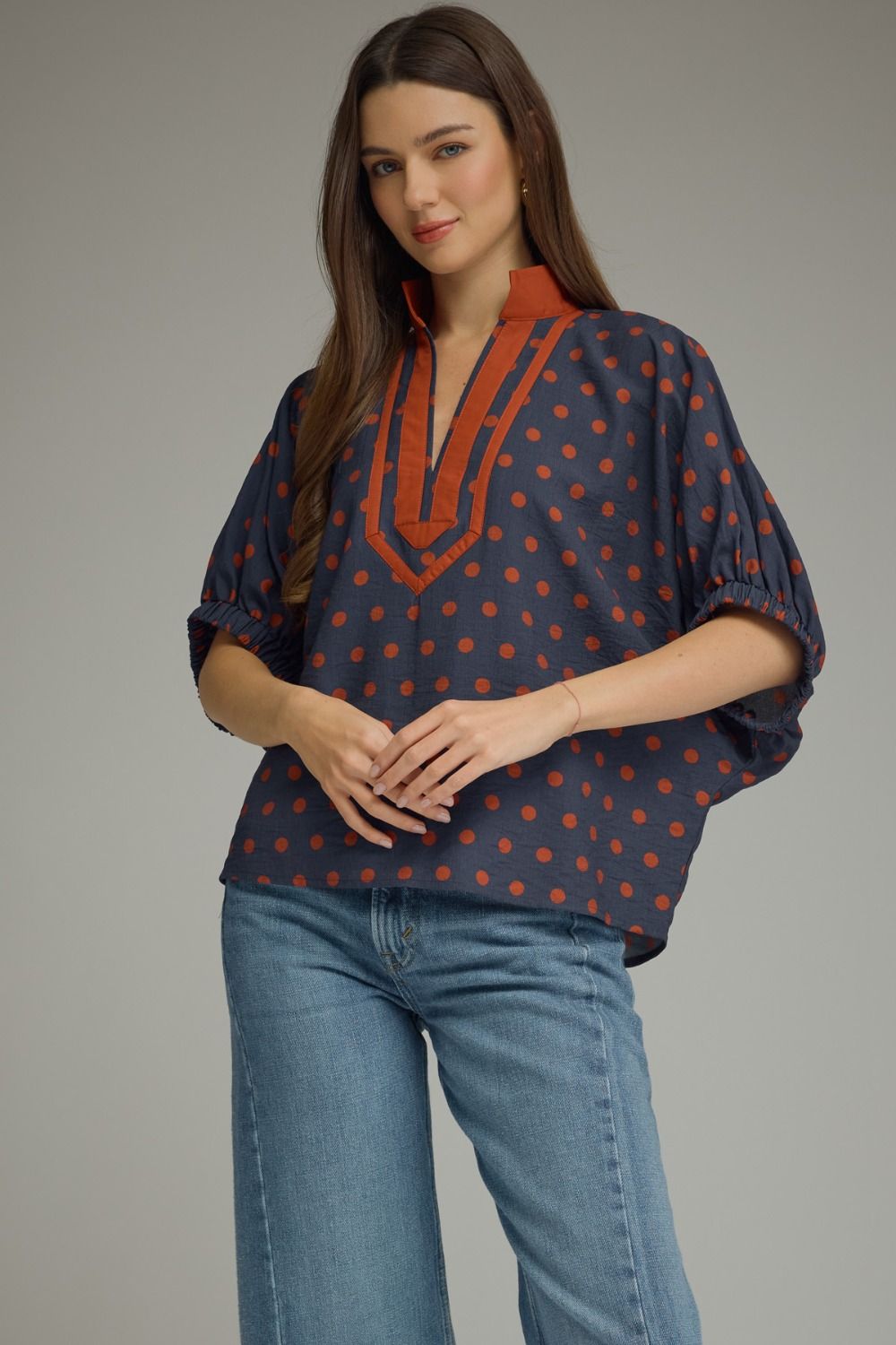 Polka Dot V-Neck Placket Top | Navy