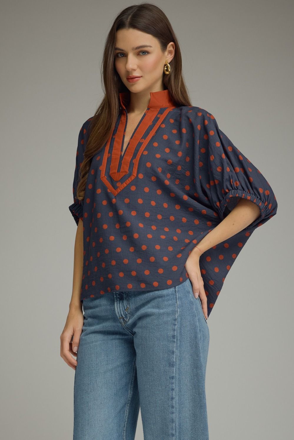 Polka Dot V-Neck Placket Top | Navy