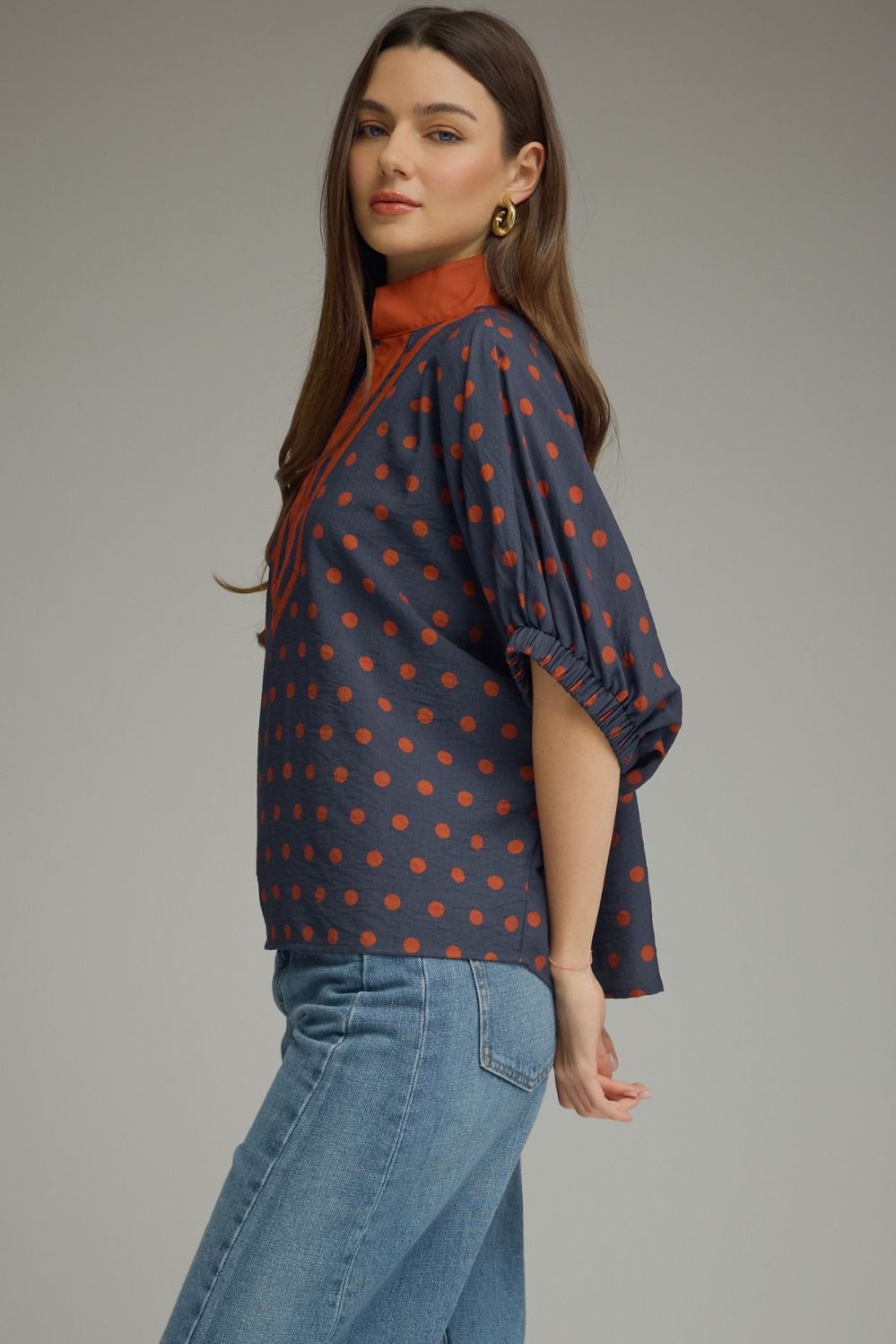 Polka Dot V-Neck Placket Top | Navy