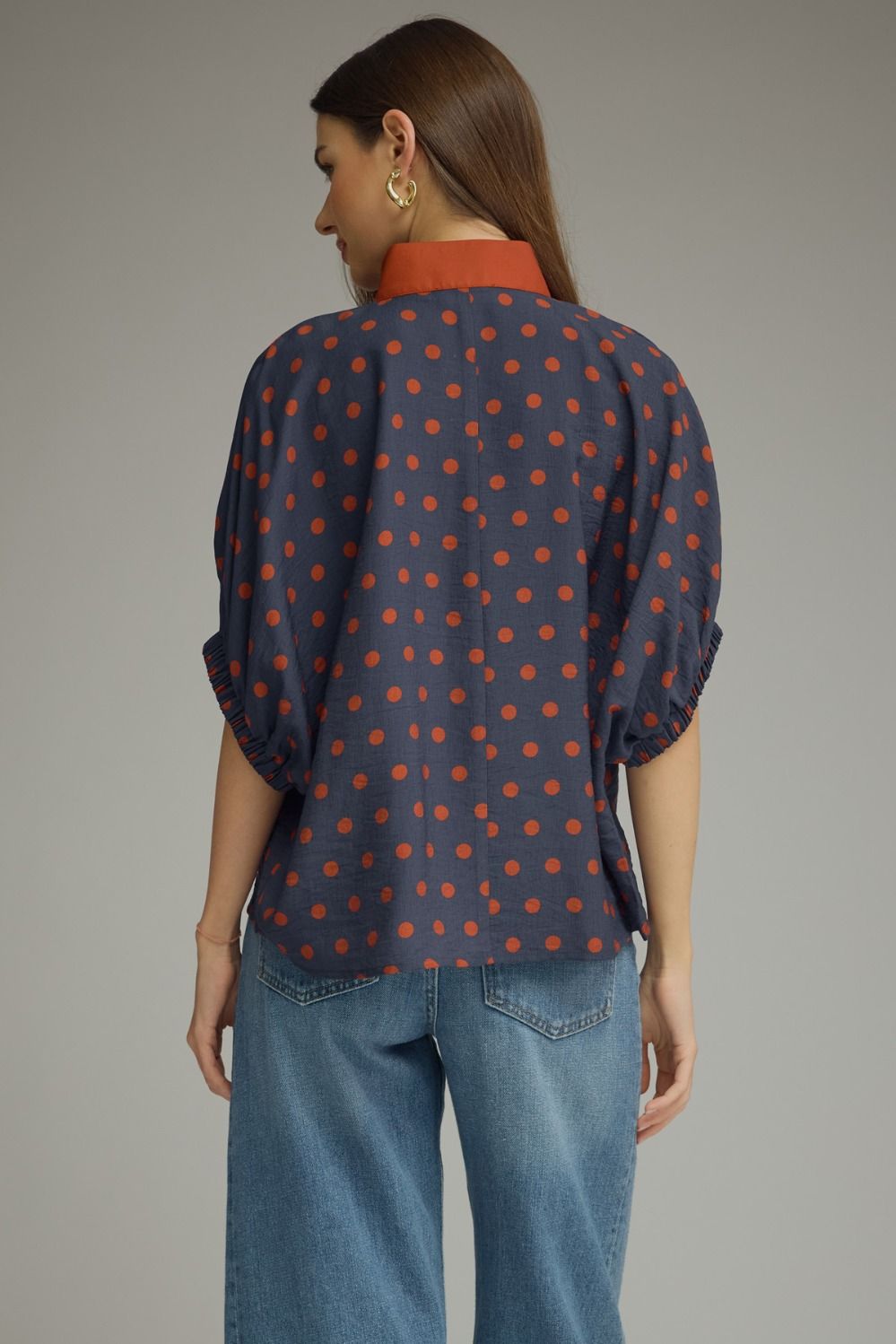 Polka Dot V-Neck Placket Top | Navy