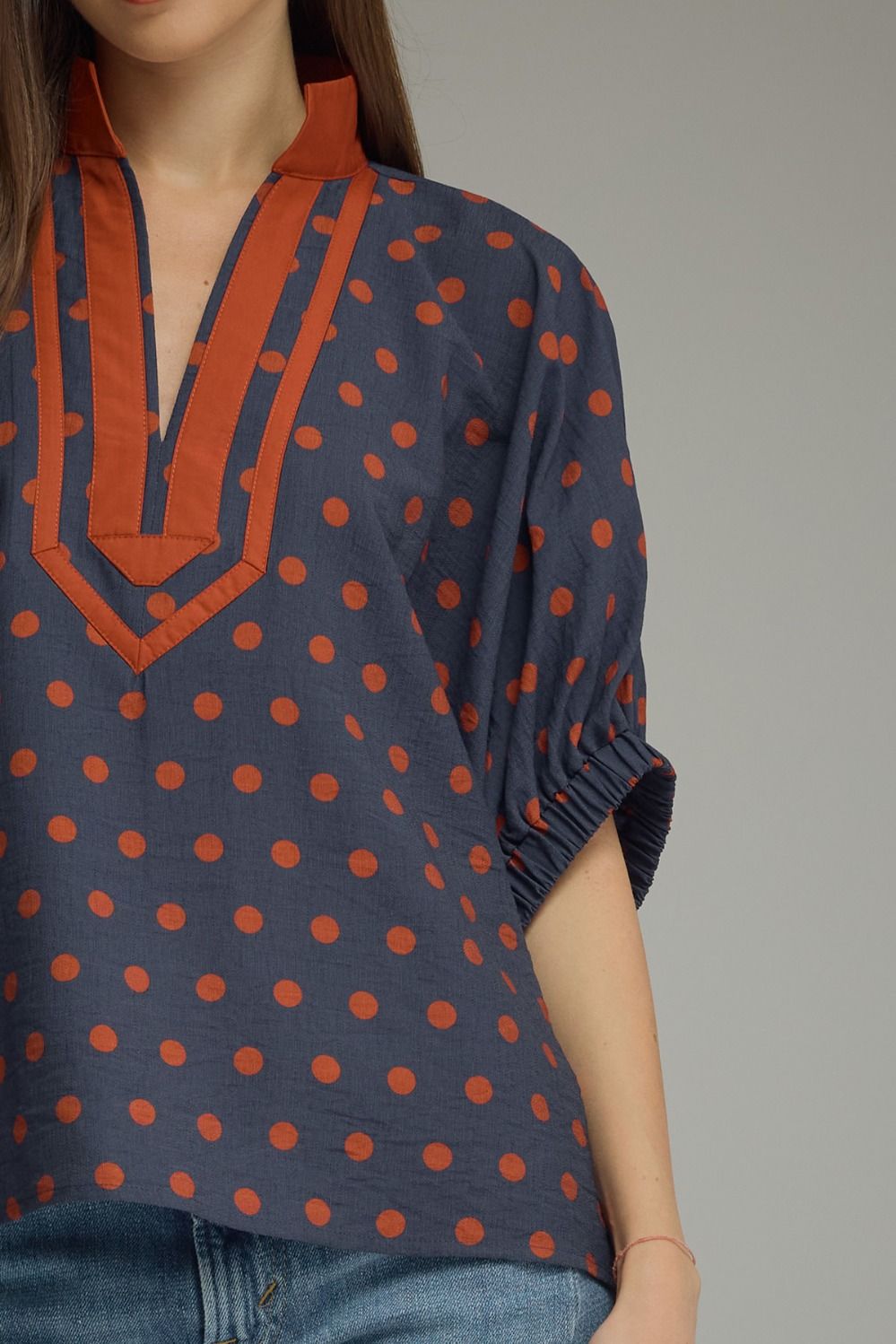 Polka Dot V-Neck Placket Top | Navy