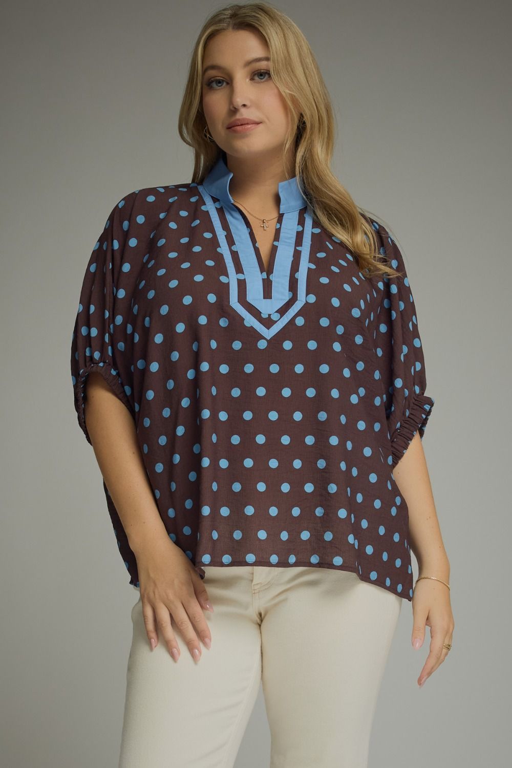 Polka Dot V-Neck Placket Top | Brown/Blue