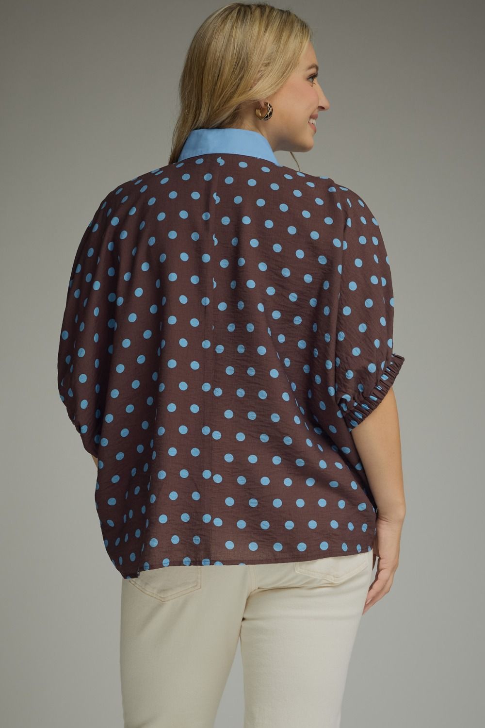 Polka Dot V-Neck Placket Top | Brown/Blue