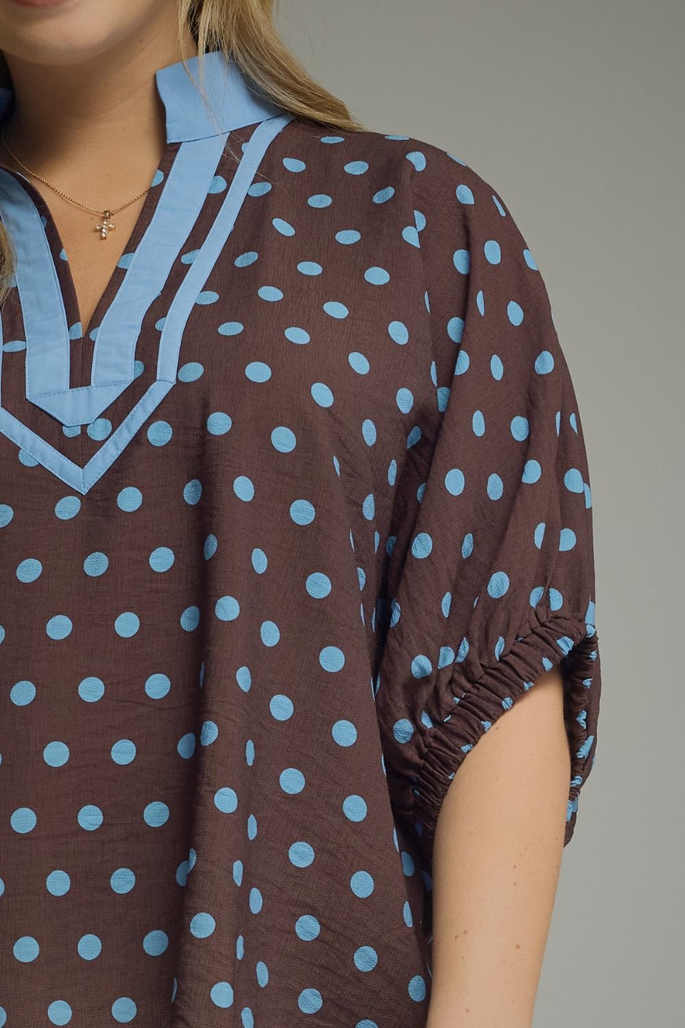 Polka Dot V-Neck Placket Top | Brown/Blue