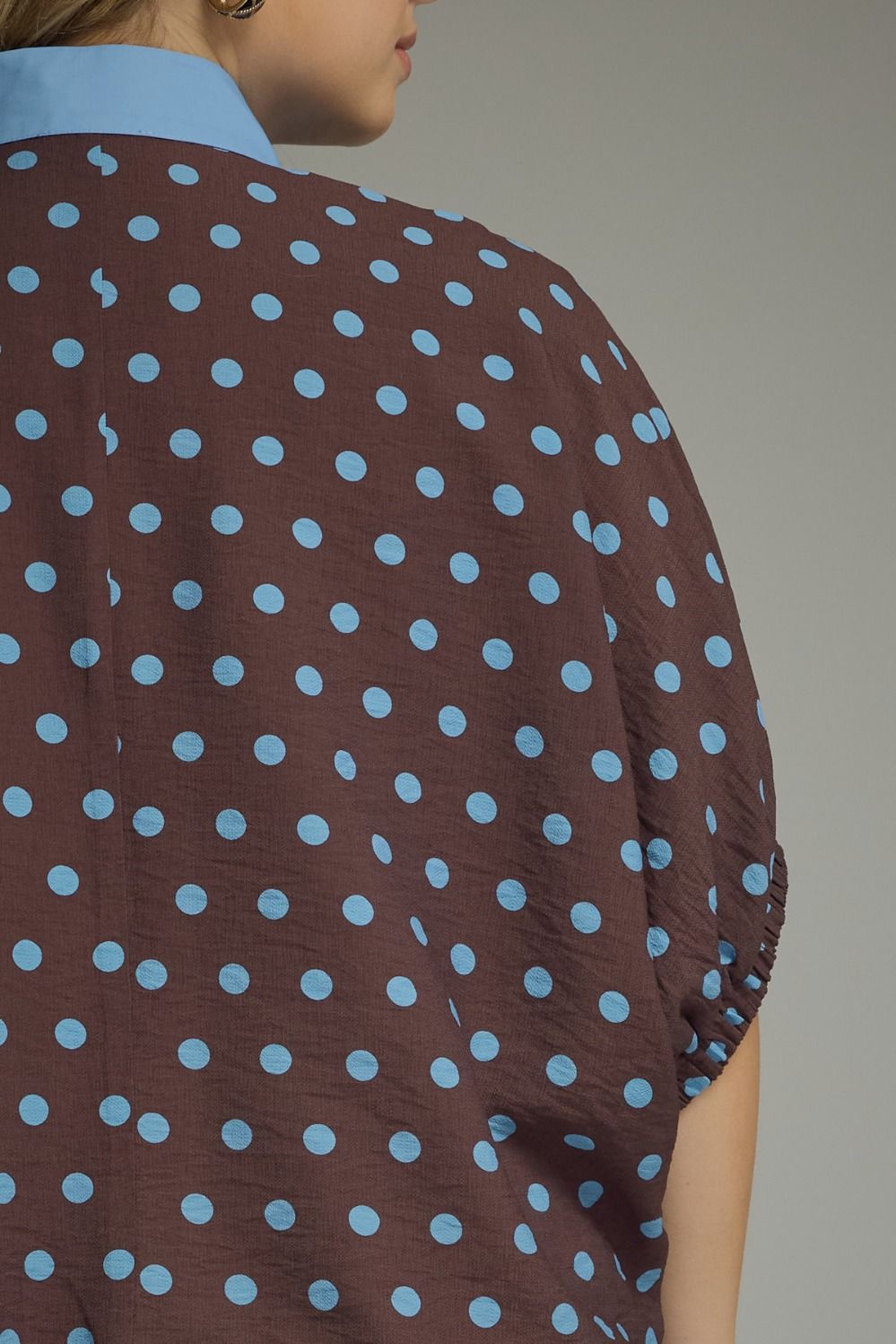 Polka Dot V-Neck Placket Top | Brown/Blue