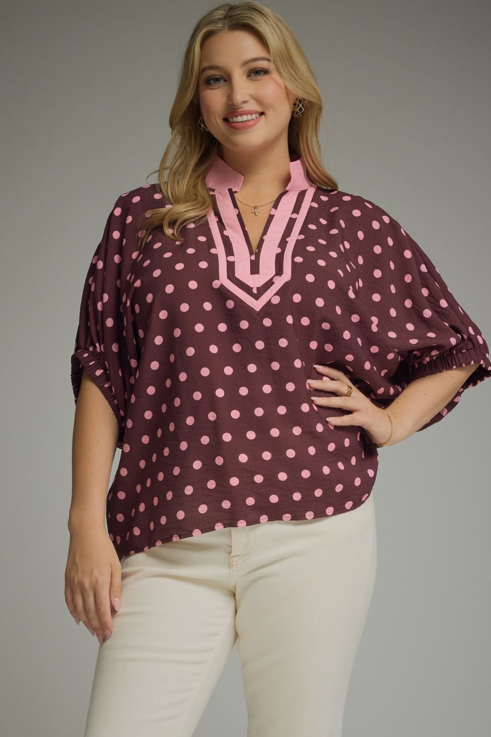 Polka Dot V-Neck Placket Top | Wine/Pink