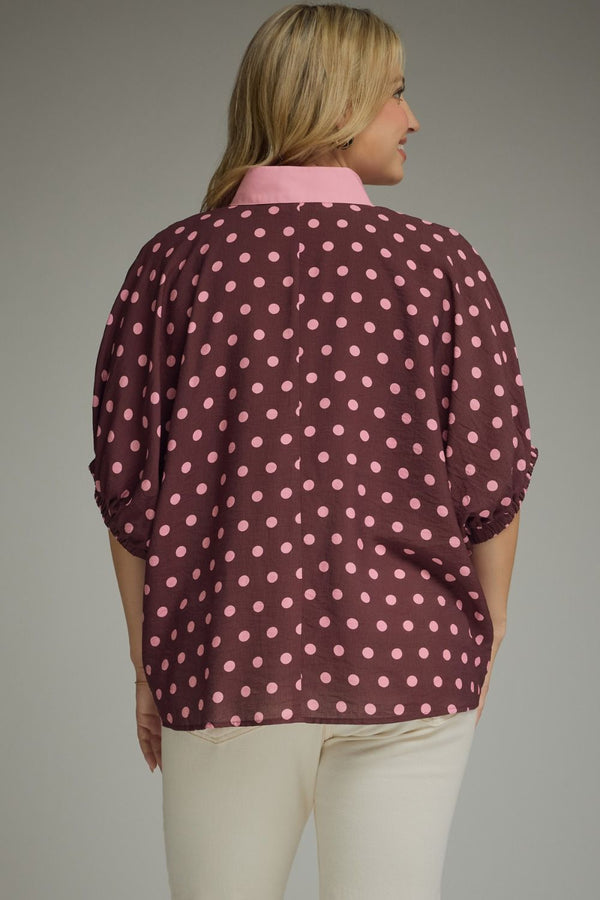 Polka Dot V-Neck Placket Top | Wine/Pink