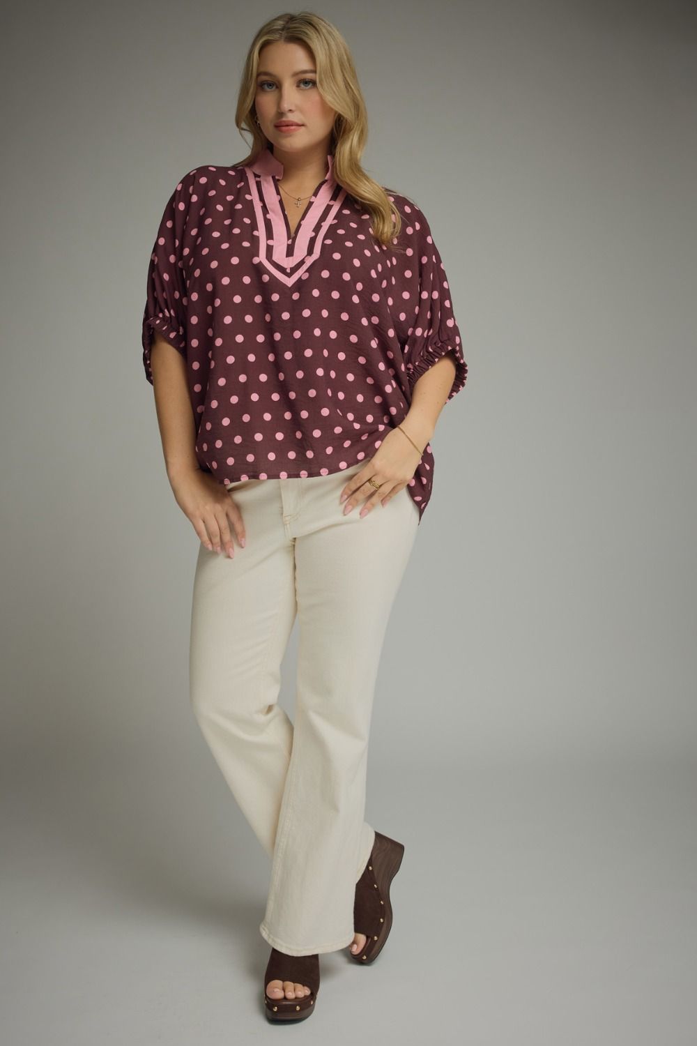 Polka Dot V-Neck Placket Top | Wine/Pink