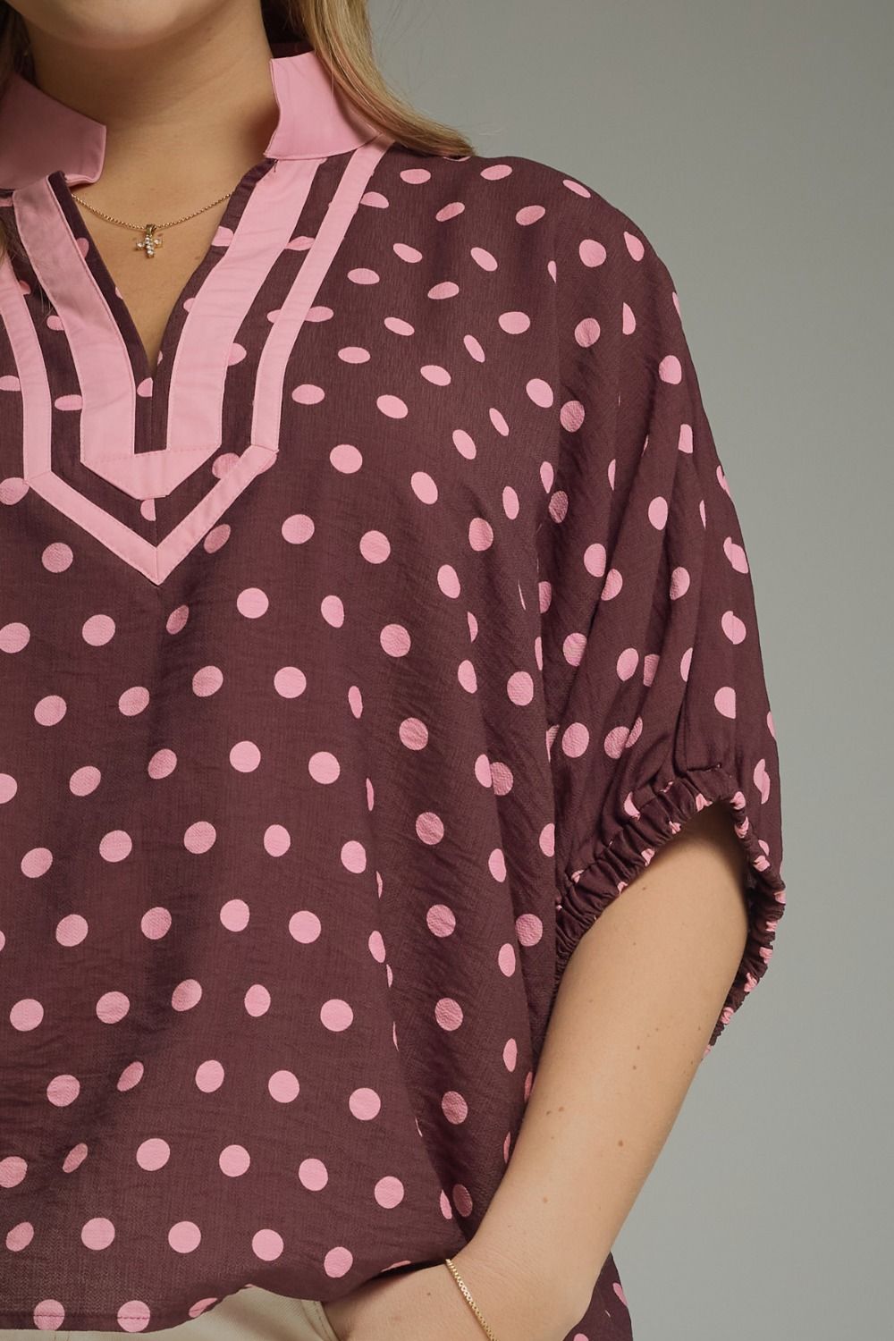 Polka Dot V-Neck Placket Top | Wine/Pink