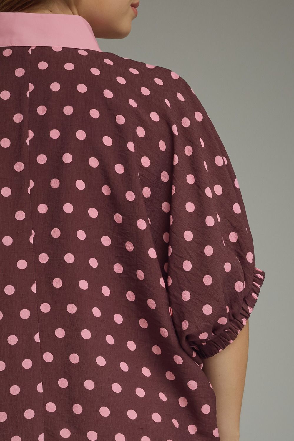 Polka Dot V-Neck Placket Top | Wine/Pink