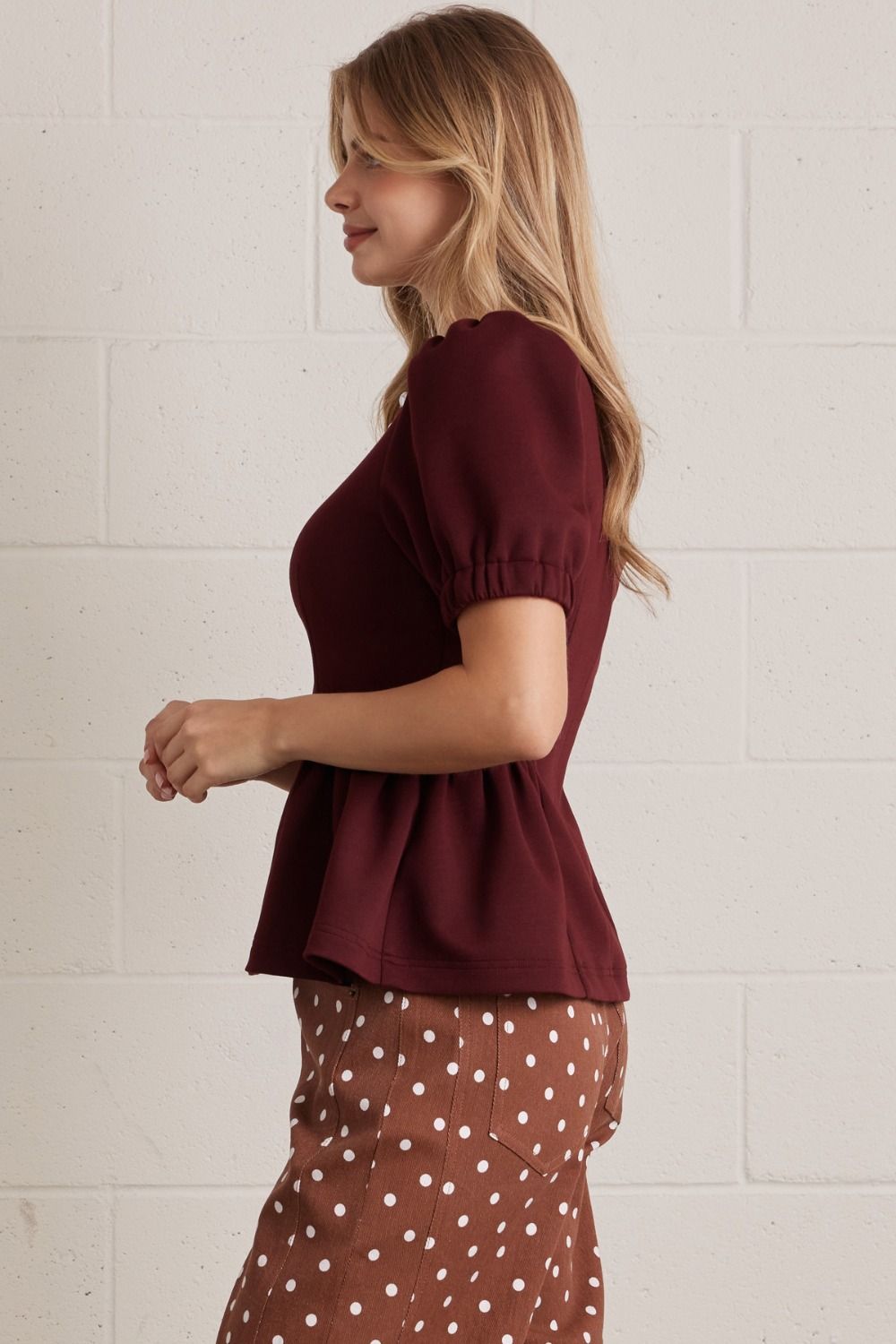 Puff Sleeve Peplum Top | Burgundy