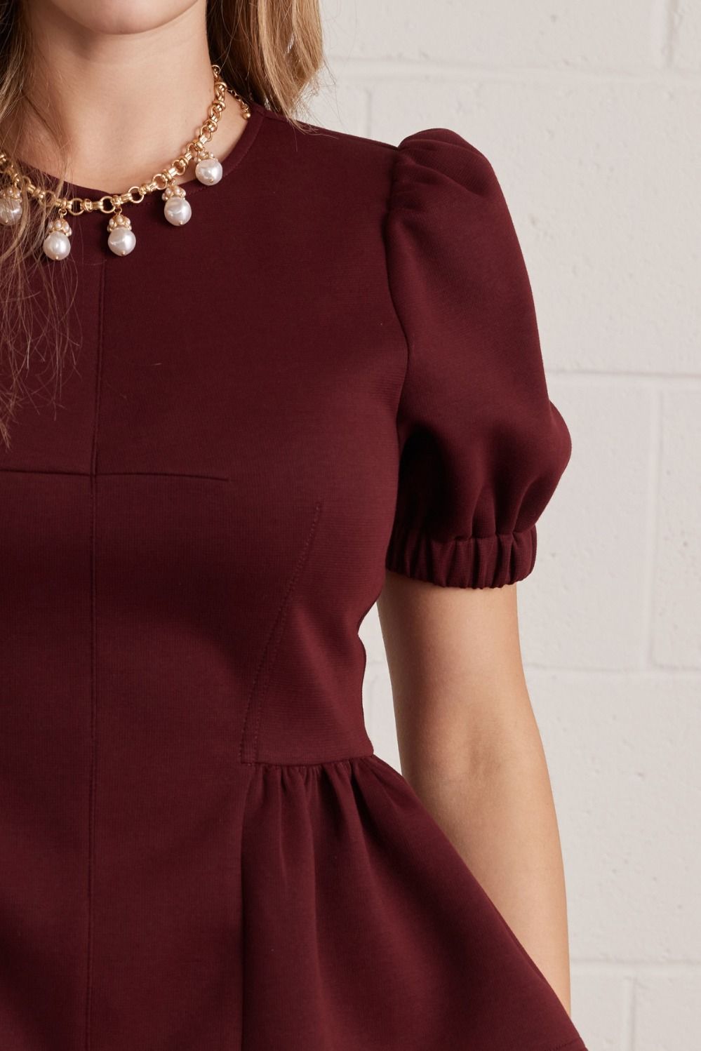 Puff Sleeve Peplum Top | Burgundy