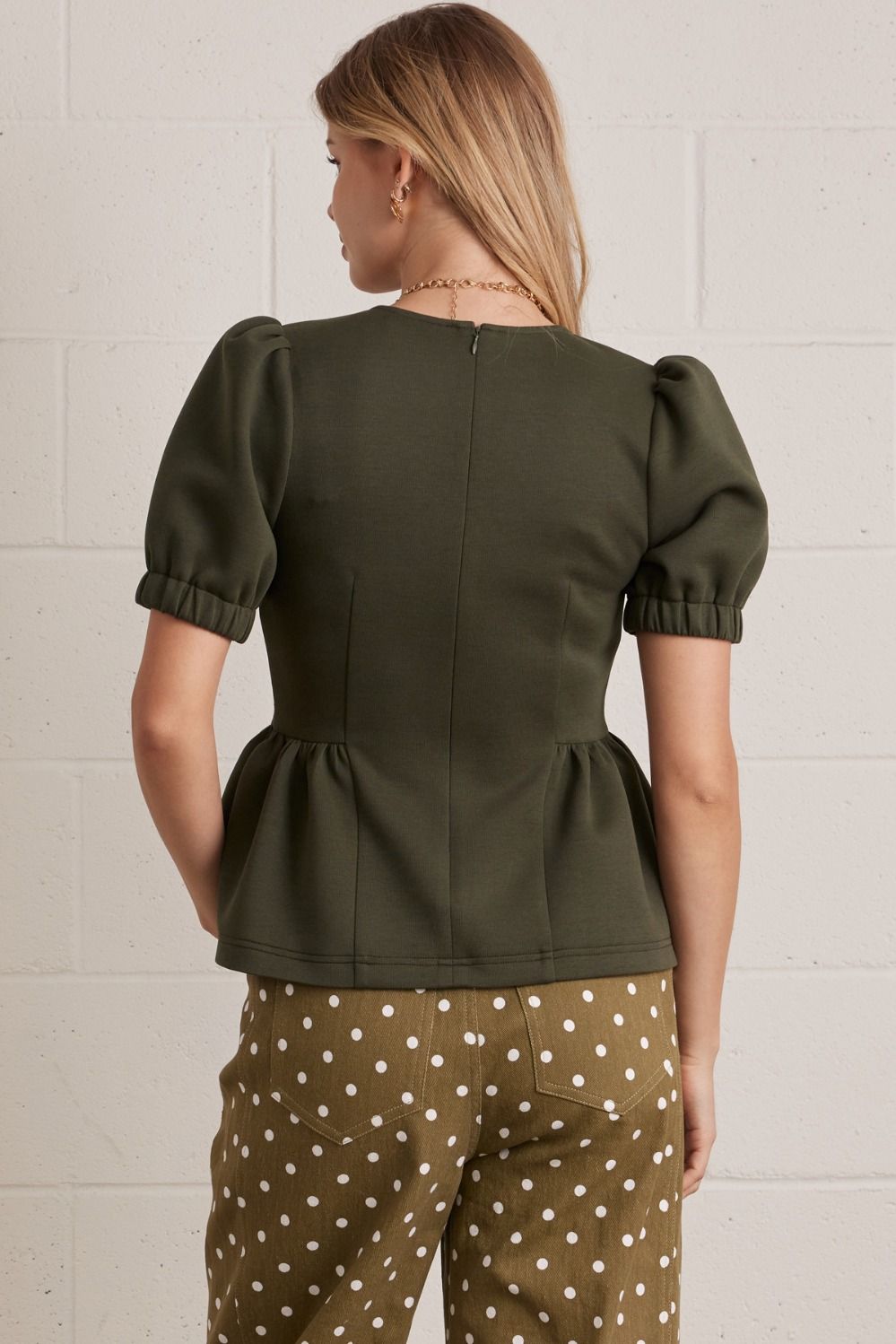 Puff Sleeve Peplum Top | Olive
