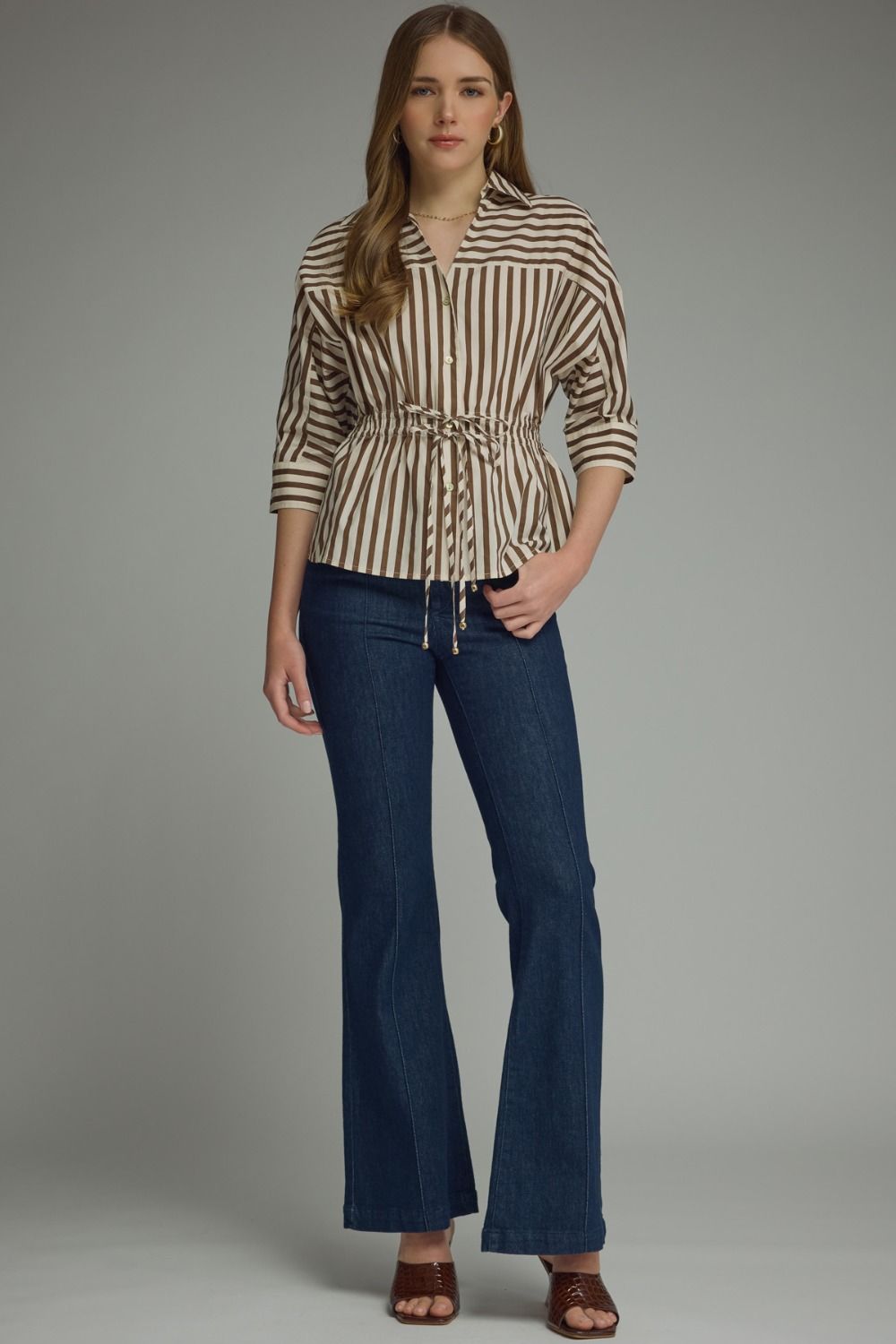 Stripe 3/4 Sleeve Drawstring Waist Top | Brown