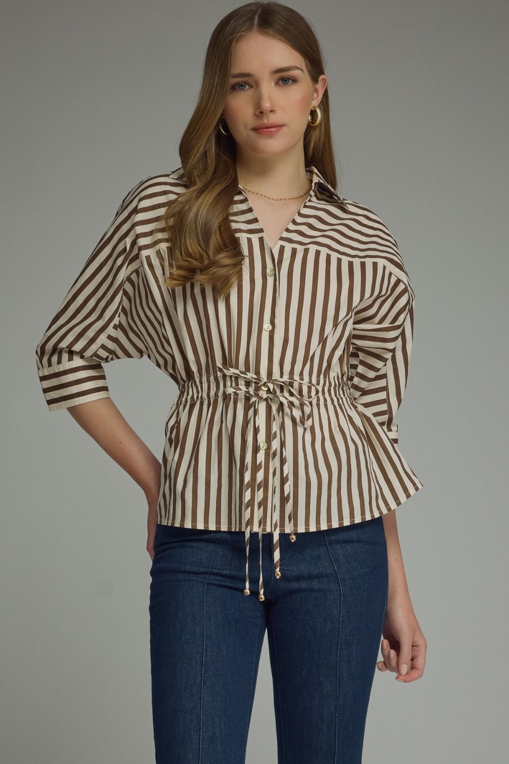 Stripe 3/4 Sleeve Drawstring Waist Top | Brown