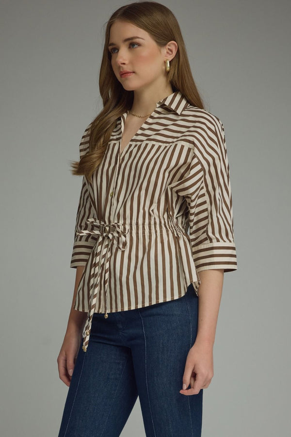 Stripe 3/4 Sleeve Drawstring Waist Top | Brown