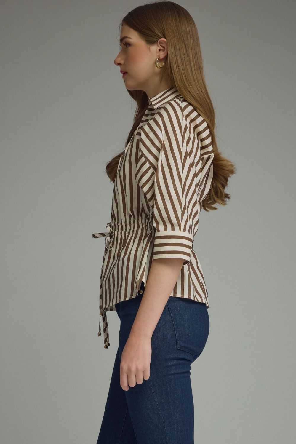 Stripe 3/4 Sleeve Drawstring Waist Top | Brown