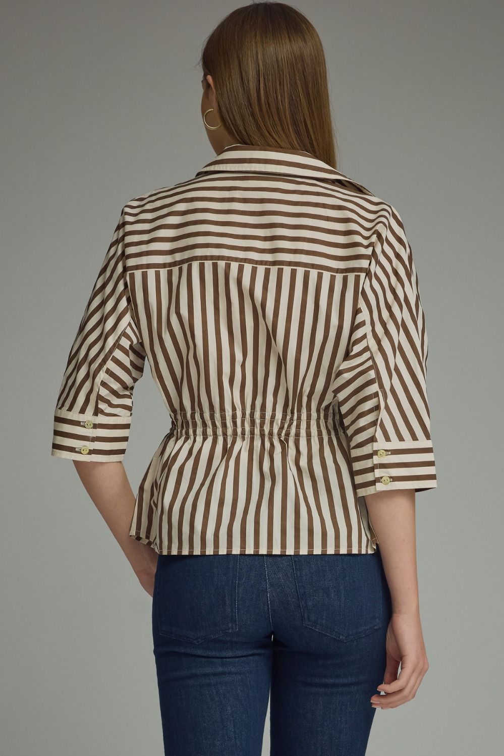 Stripe 3/4 Sleeve Drawstring Waist Top | Brown