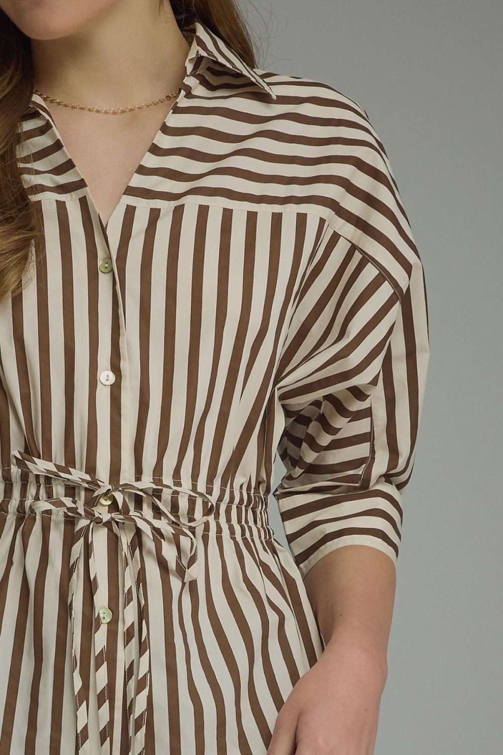 Stripe 3/4 Sleeve Drawstring Waist Top | Brown