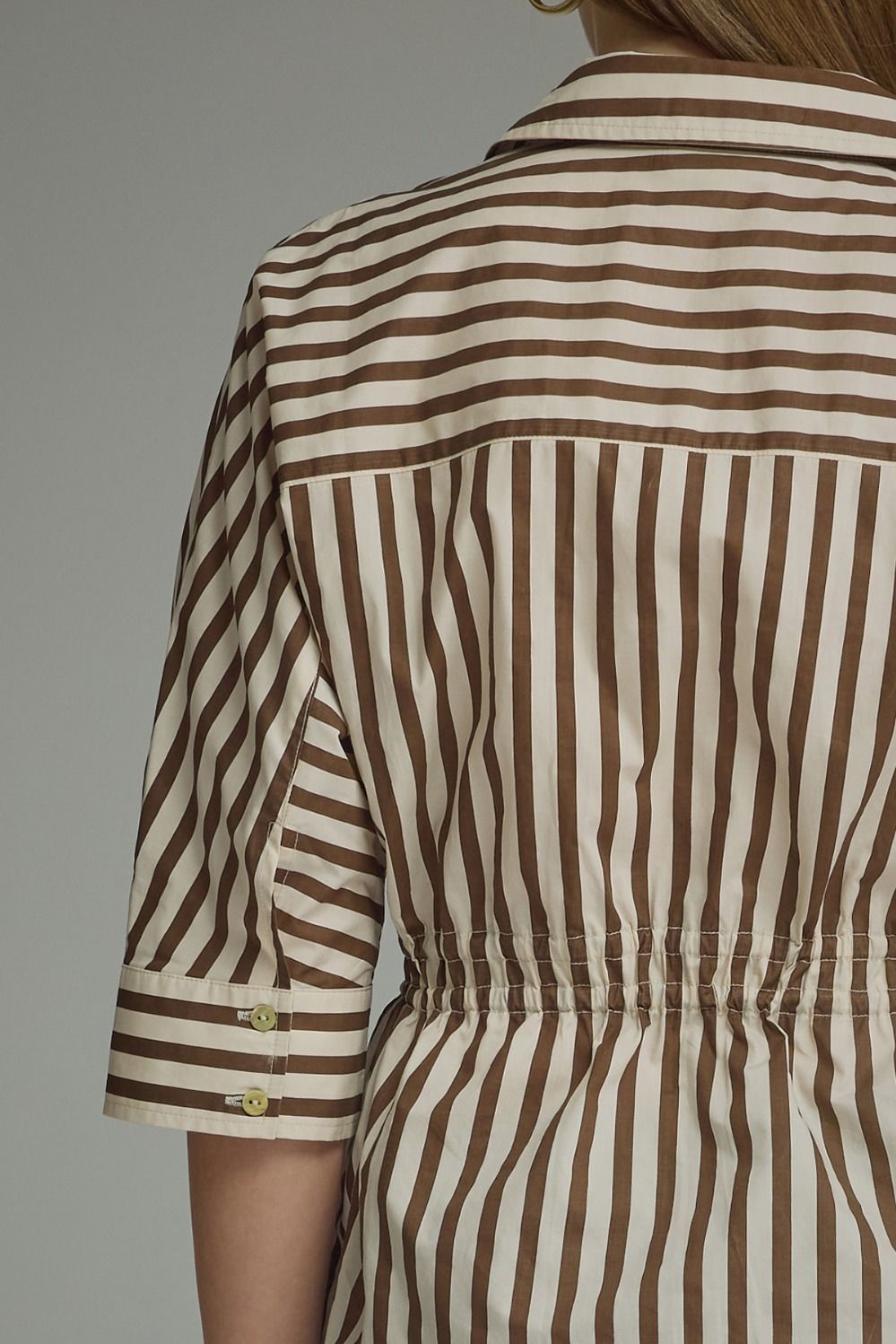 Stripe 3/4 Sleeve Drawstring Waist Top | Brown