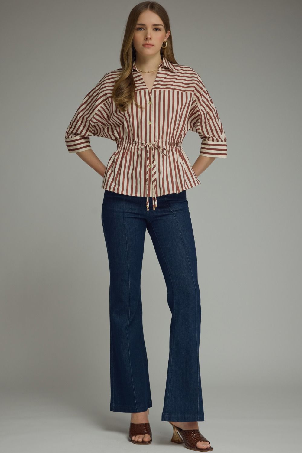 Stripe 3/4 Sleeve Drawstring Waist Top | Wine