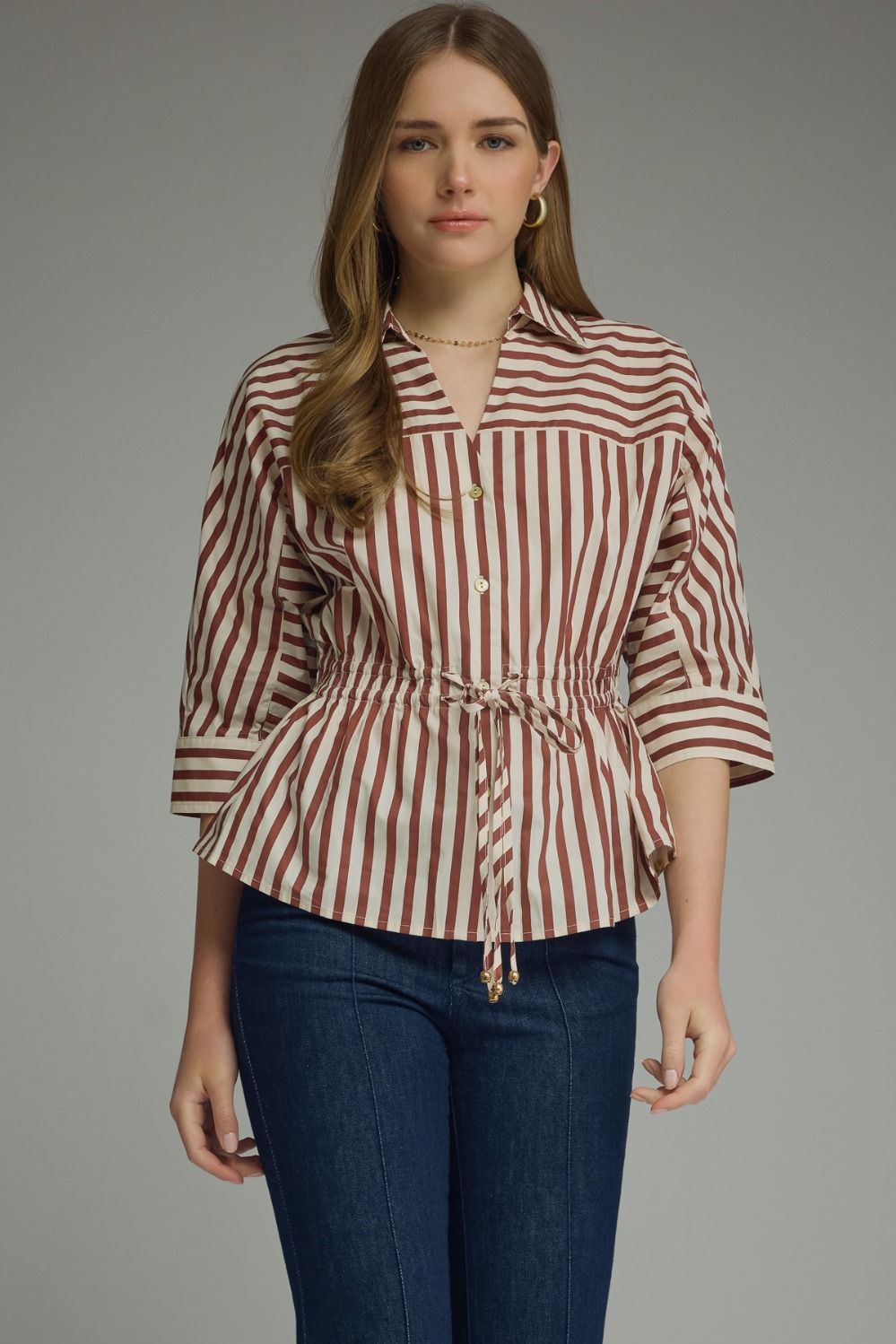 Stripe 3/4 Sleeve Drawstring Waist Top | Wine