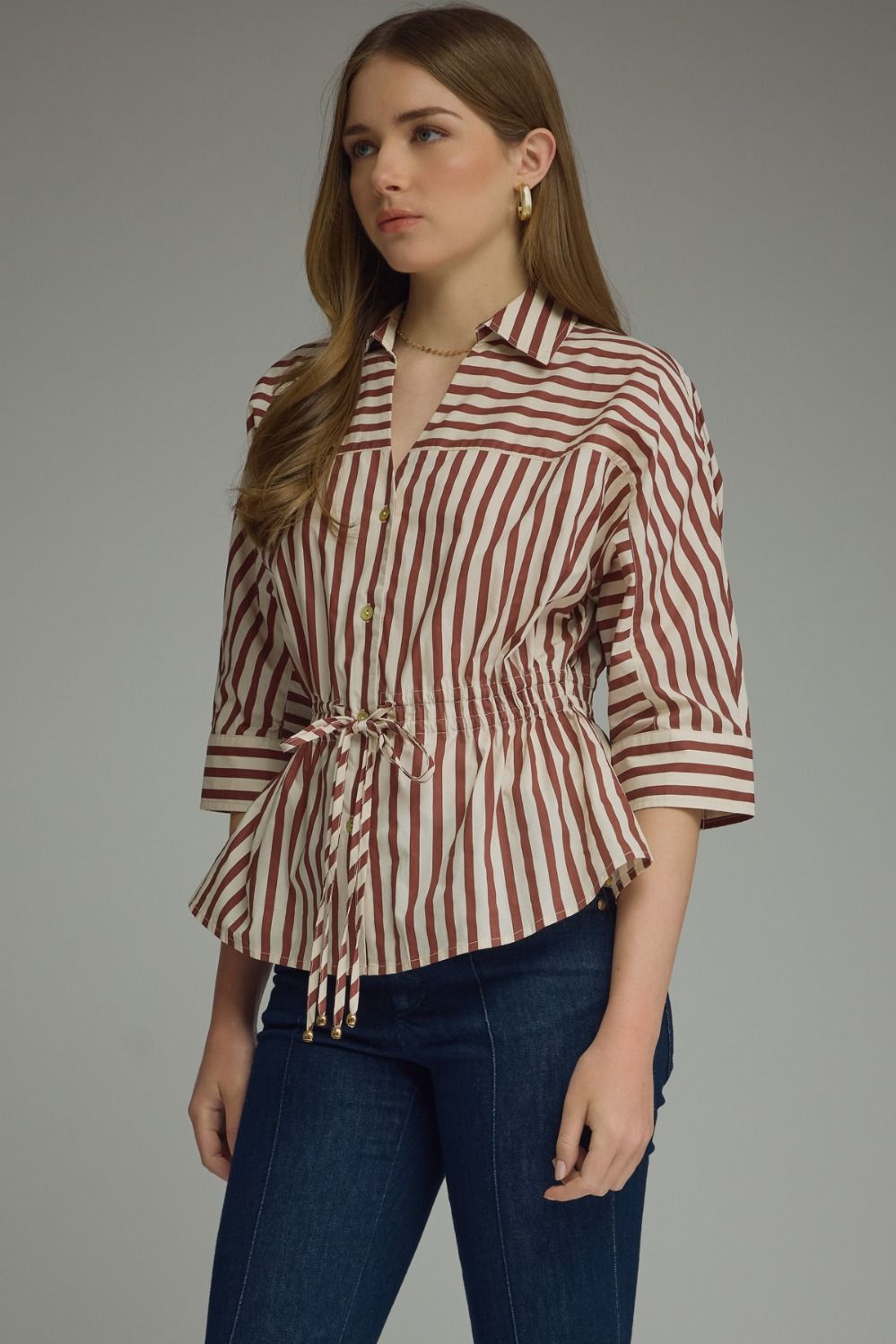 Stripe 3/4 Sleeve Drawstring Waist Top | Wine