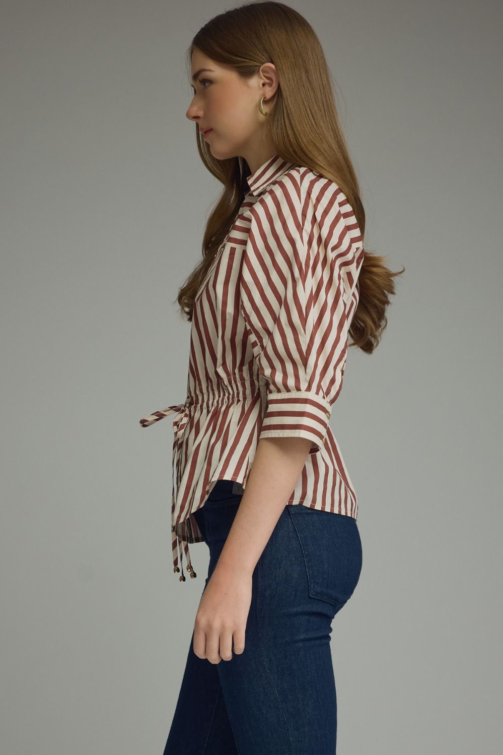 Stripe 3/4 Sleeve Drawstring Waist Top | Wine