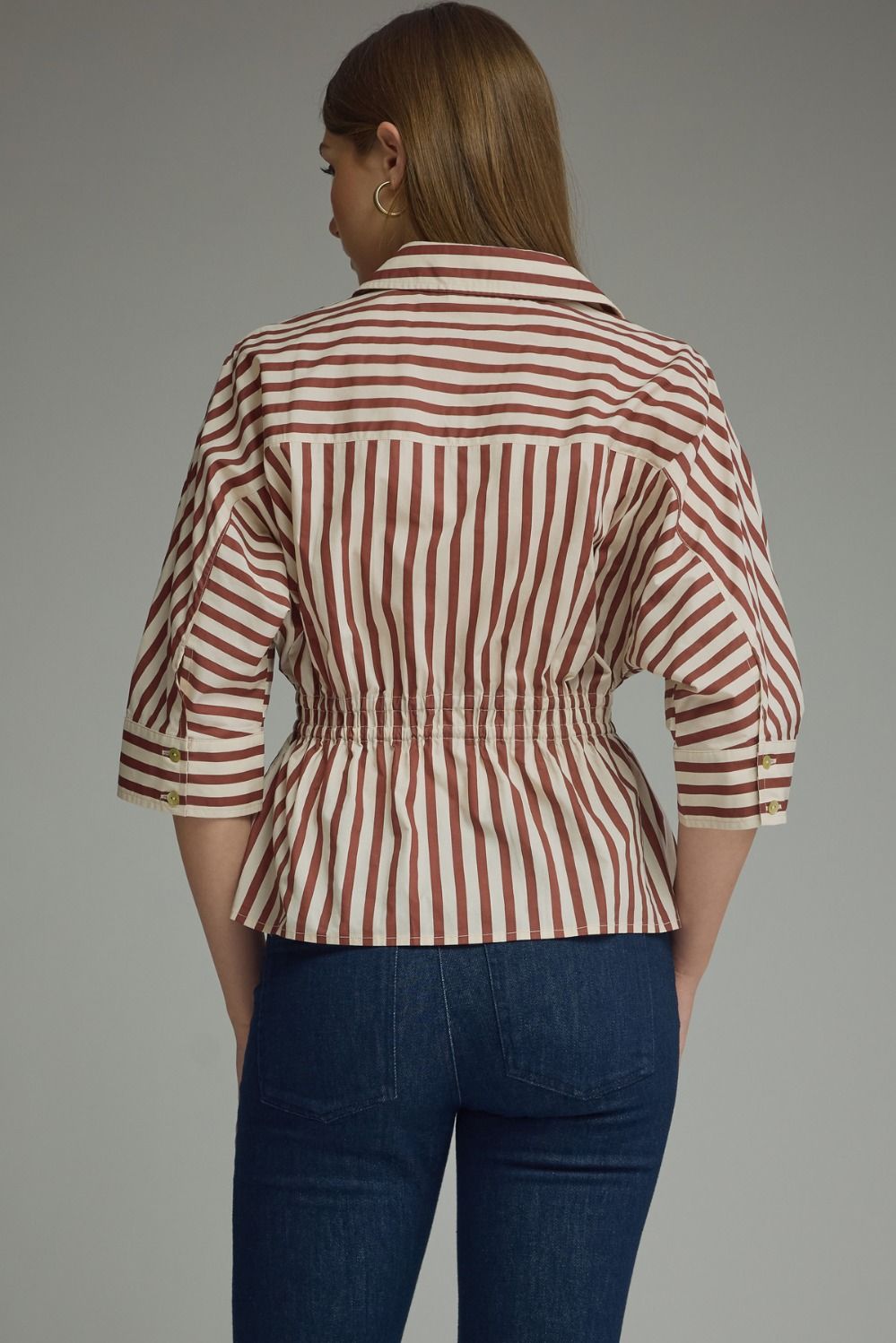Stripe 3/4 Sleeve Drawstring Waist Top | Wine
