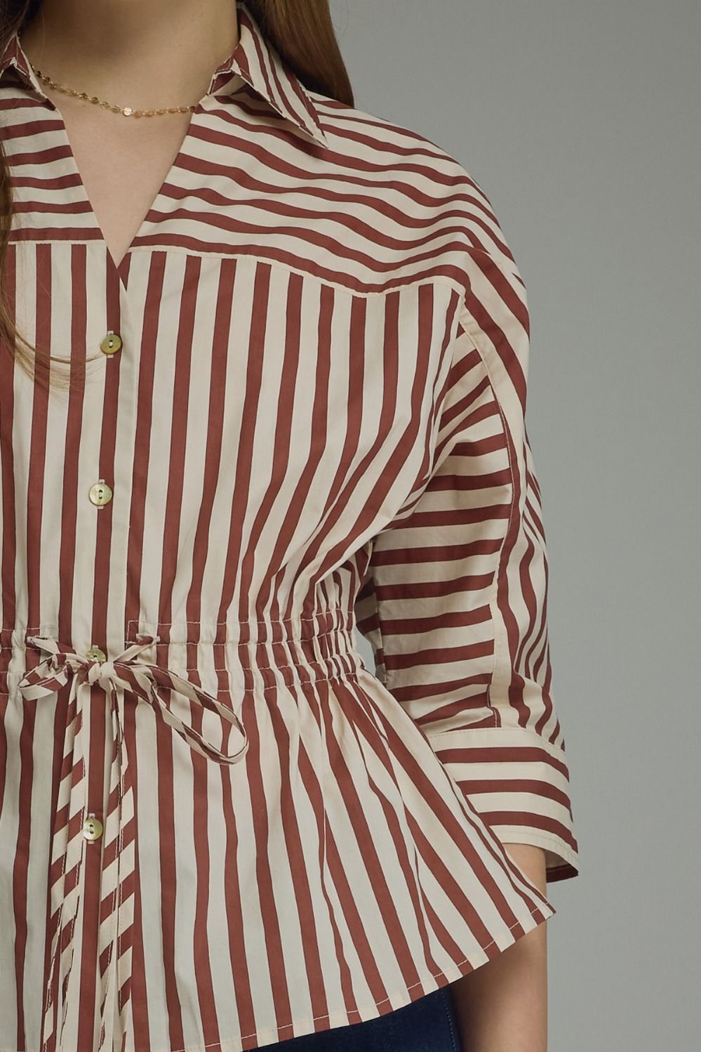 Stripe 3/4 Sleeve Drawstring Waist Top | Wine