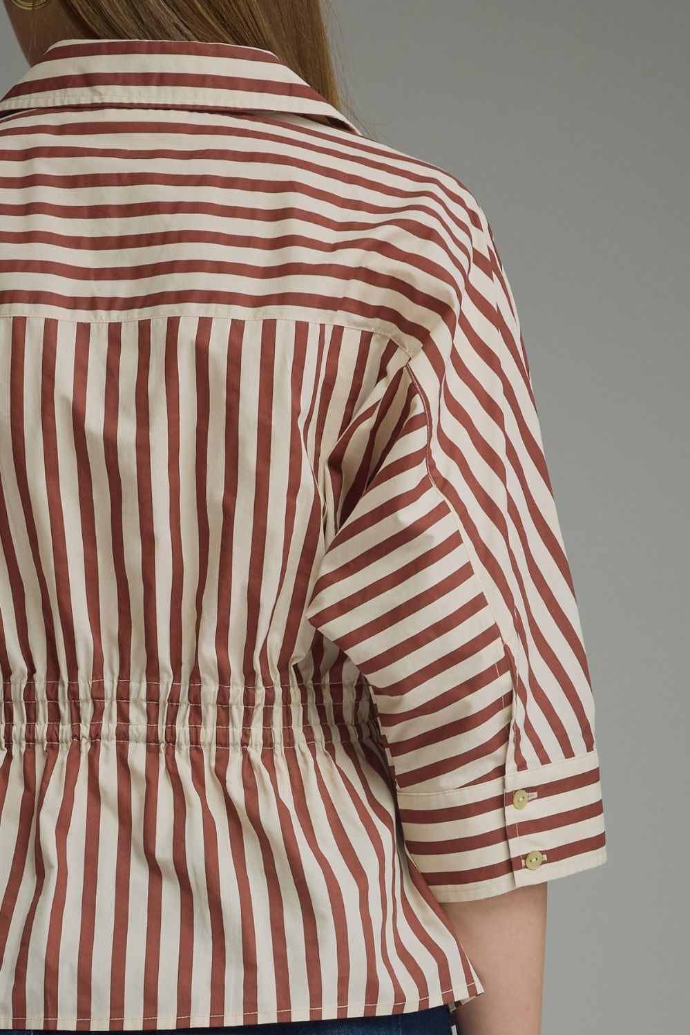 Stripe 3/4 Sleeve Drawstring Waist Top | Wine