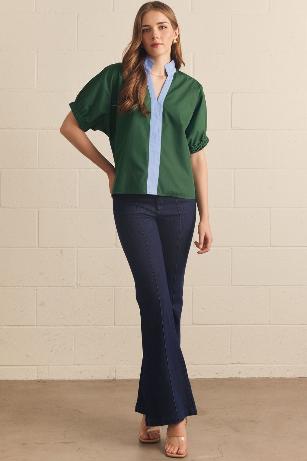 Contrast Trim Puff Sleeve Top | Hunter Green