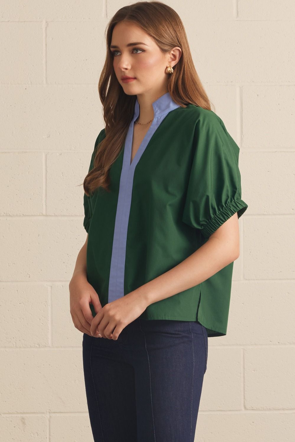 Contrast Trim Puff Sleeve Top | Hunter Green