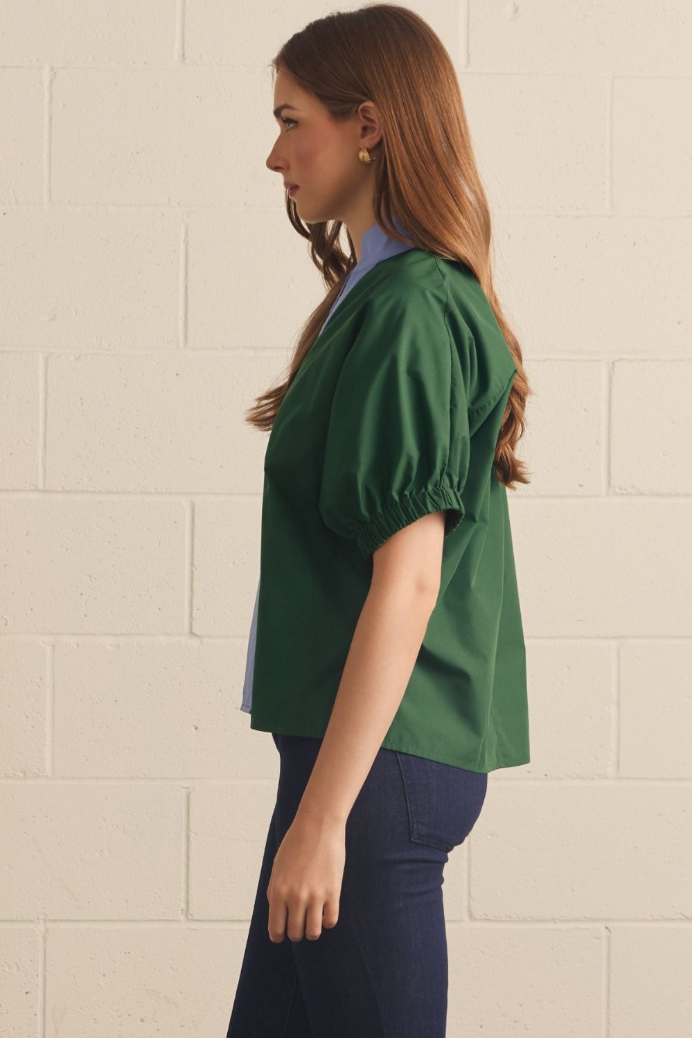 Contrast Trim Puff Sleeve Top | Hunter Green
