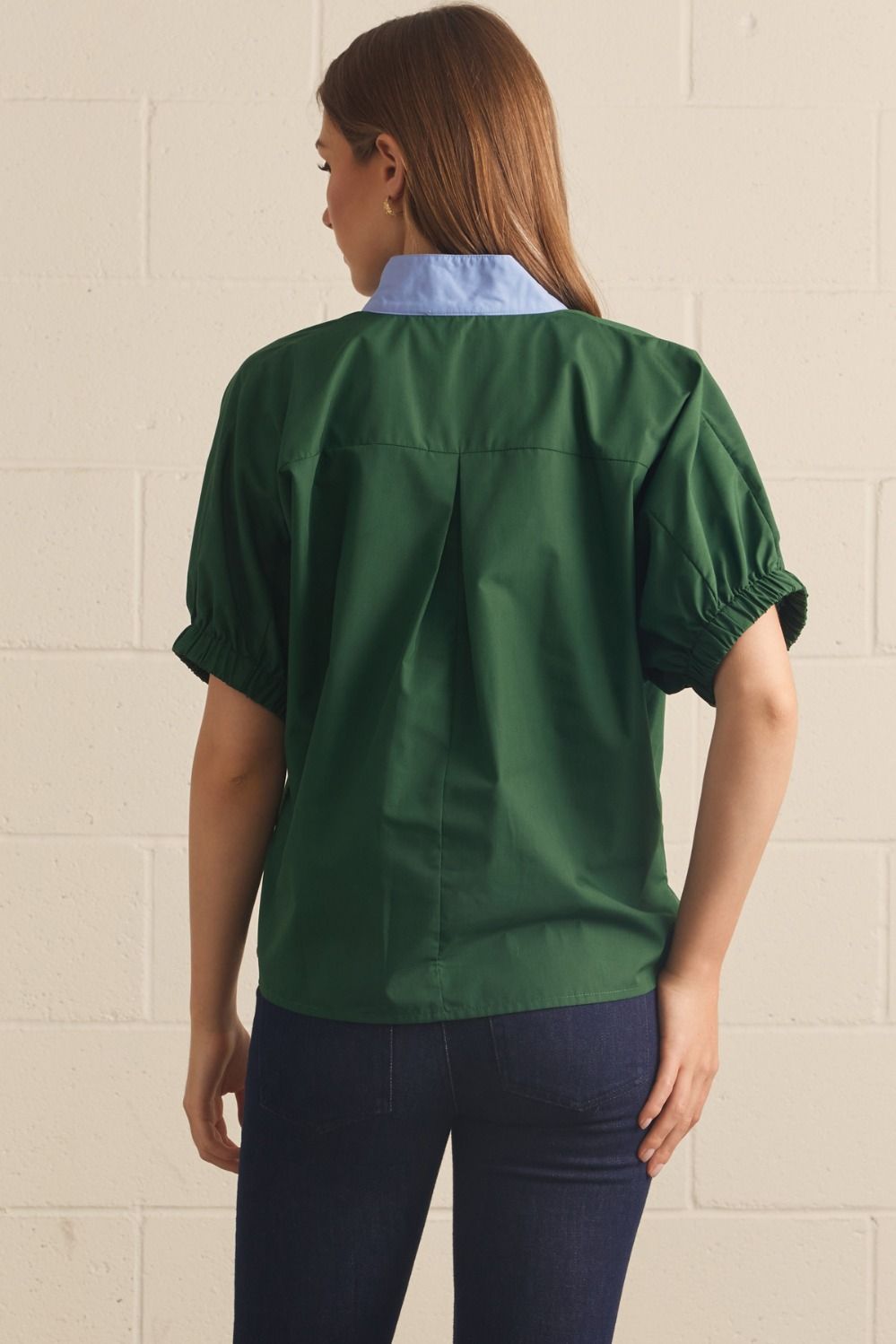 Contrast Trim Puff Sleeve Top | Hunter Green