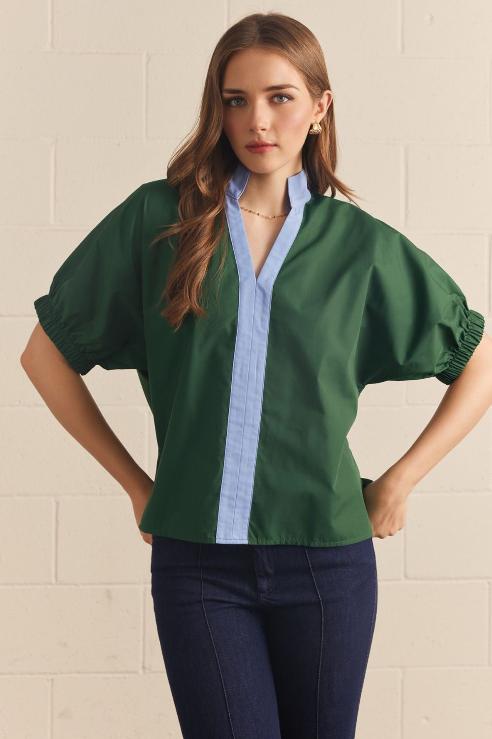 Contrast Trim Puff Sleeve Top | Hunter Green