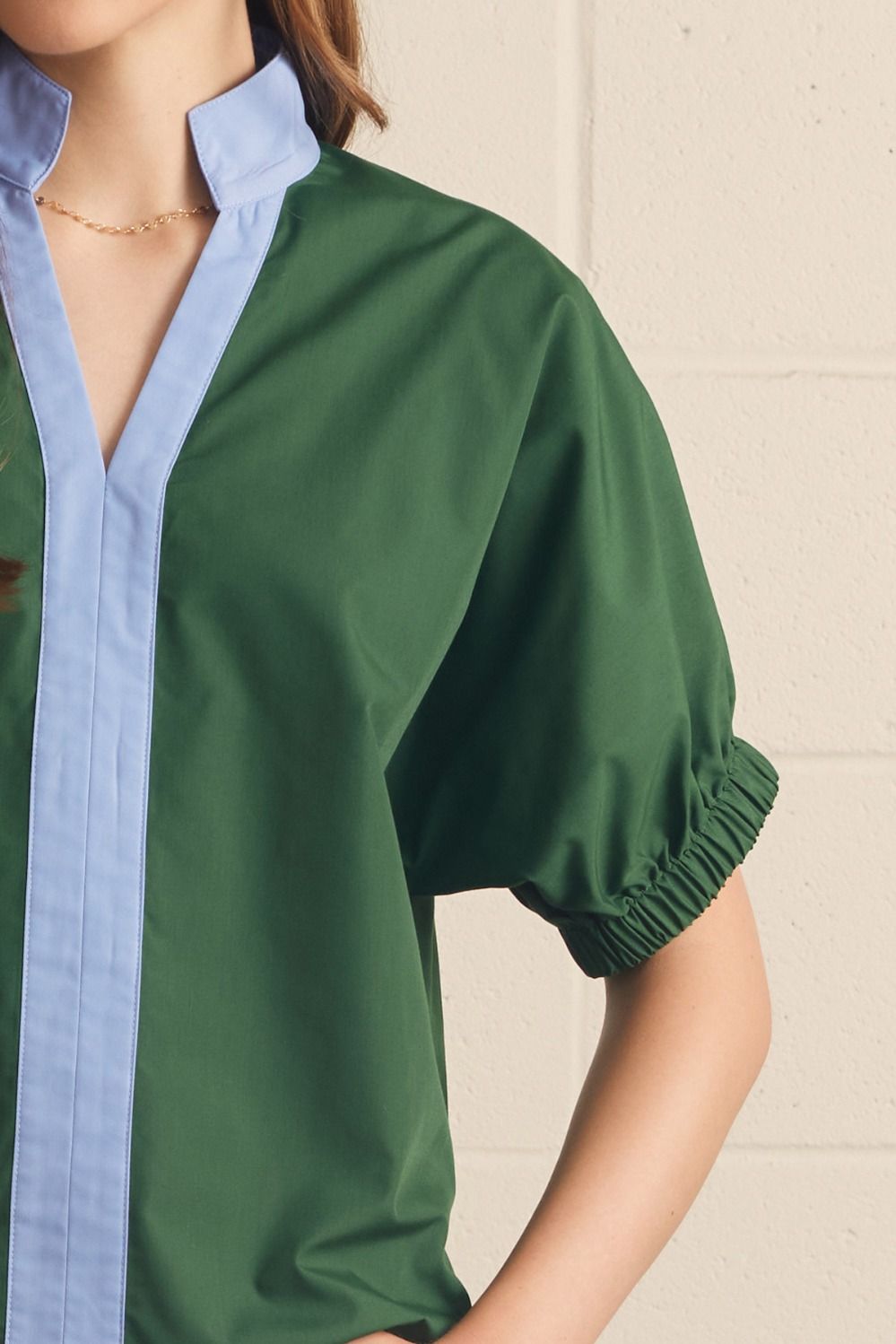 Contrast Trim Puff Sleeve Top | Hunter Green