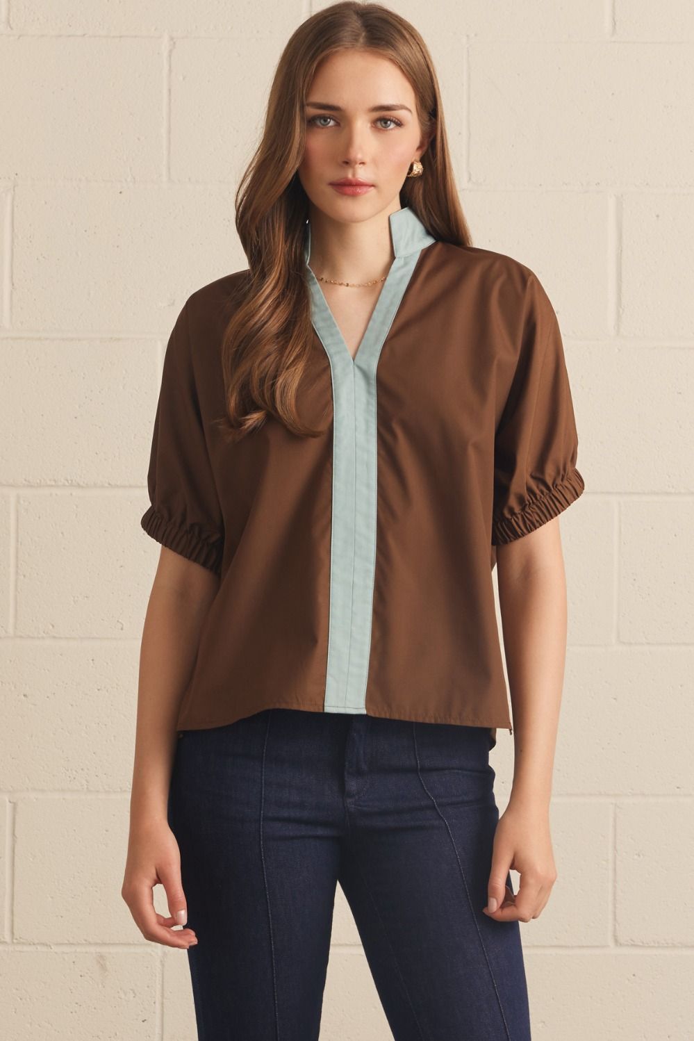 Solid Puff Sleeve Contrast Trim Top | Brown