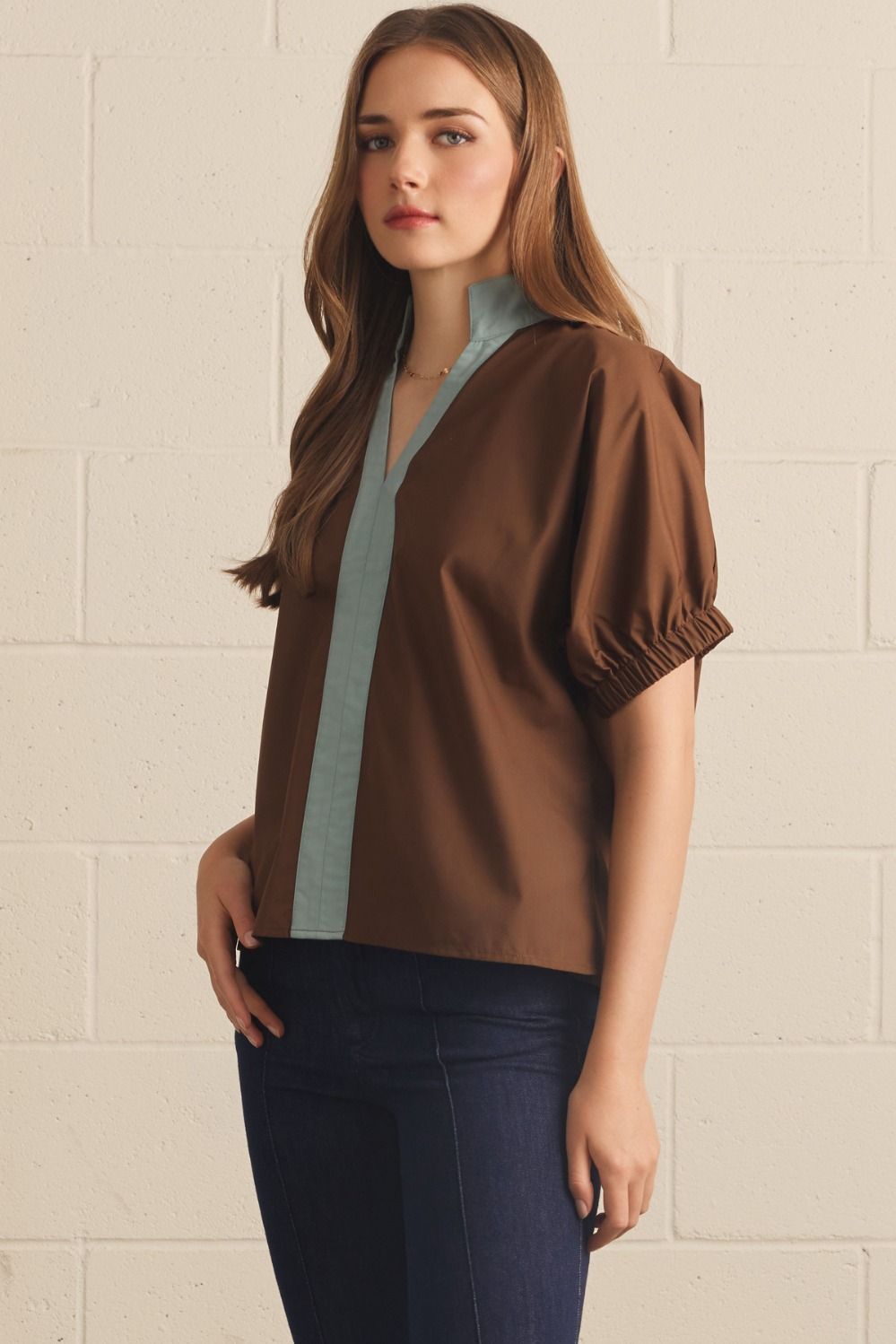 Solid Puff Sleeve Contrast Trim Top | Brown